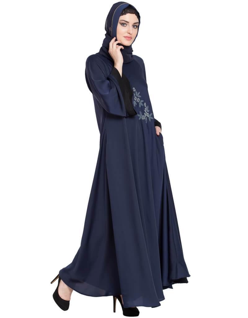 Hand Embroidered Arabic Umbrella Nida Abaya - Navy Blue Abaya Dress for Women | Perfect for Eid, Ramadan, Wedding & Special Occasions