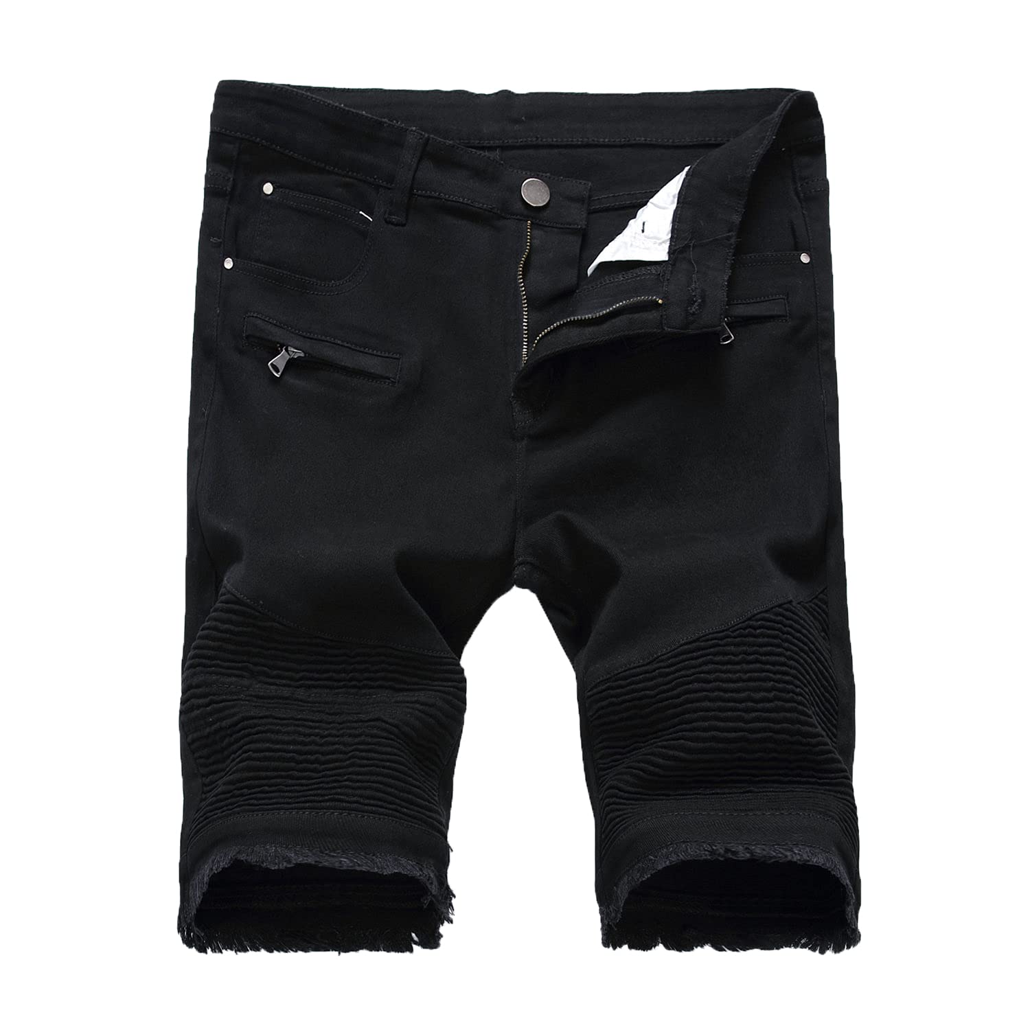 Men's Ripped Distressed Biker Denim Shorts - Pleated Zipper Slim Fit Jean Shorts for Men (Black, Size 28) | Casual Streetwear & Motorcycle Riding Outfits