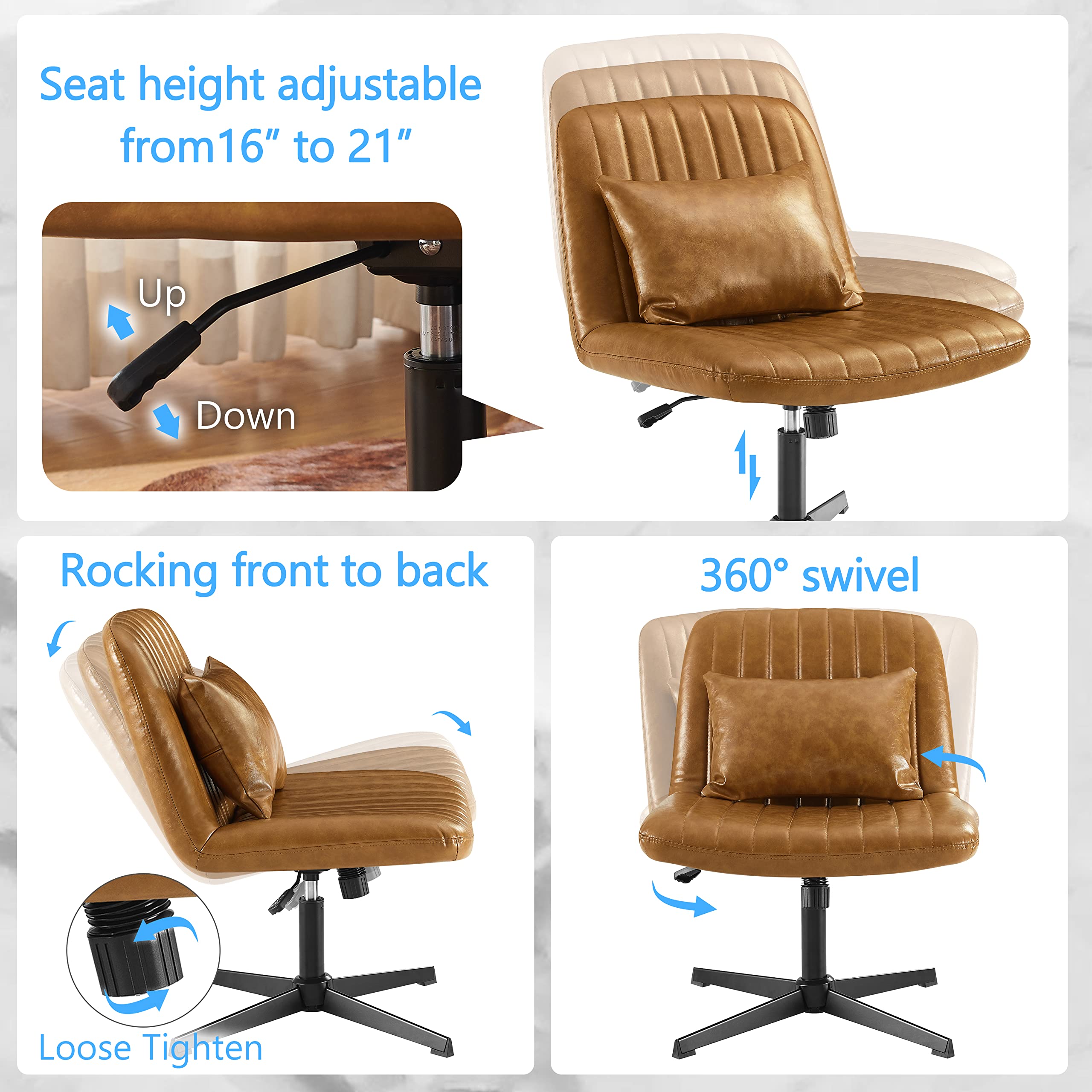 Zouron 360° Swivel Accent Chair with Ottoman - Adjustable Height PU Leather Modern Club Chair, Upholstered Leisure Chair with Black Metal Legs for Office, Bedroom & Living Room - Brown | Perfect for Home Office, Reading Nook & Lounge Areas