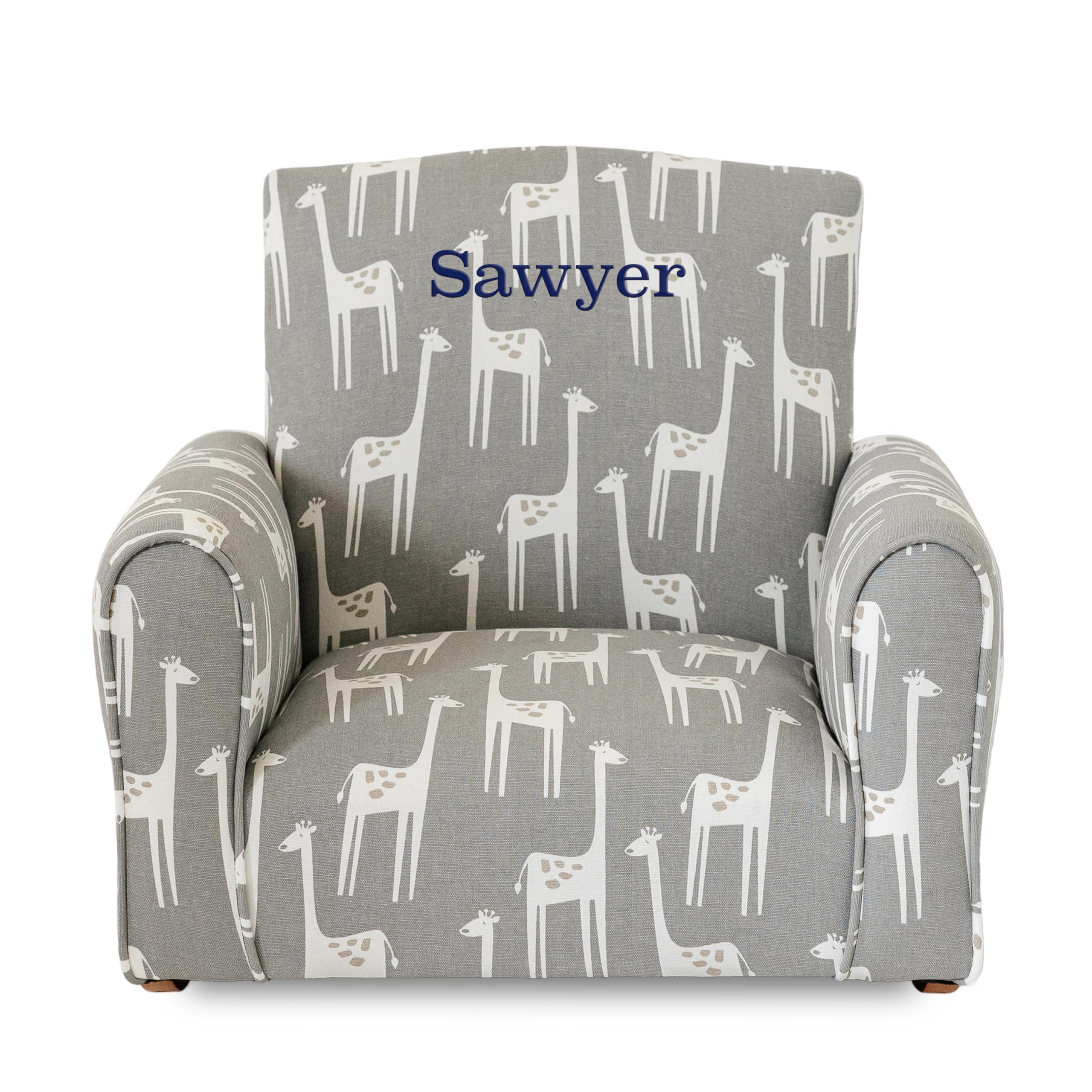 Personalized Kids Rocking Chair with Name - Grey Giraffes Print Upholstered Toddler Armchair | Comfortable Nursery Seating for Playroom, Bedroom & Reading Nook