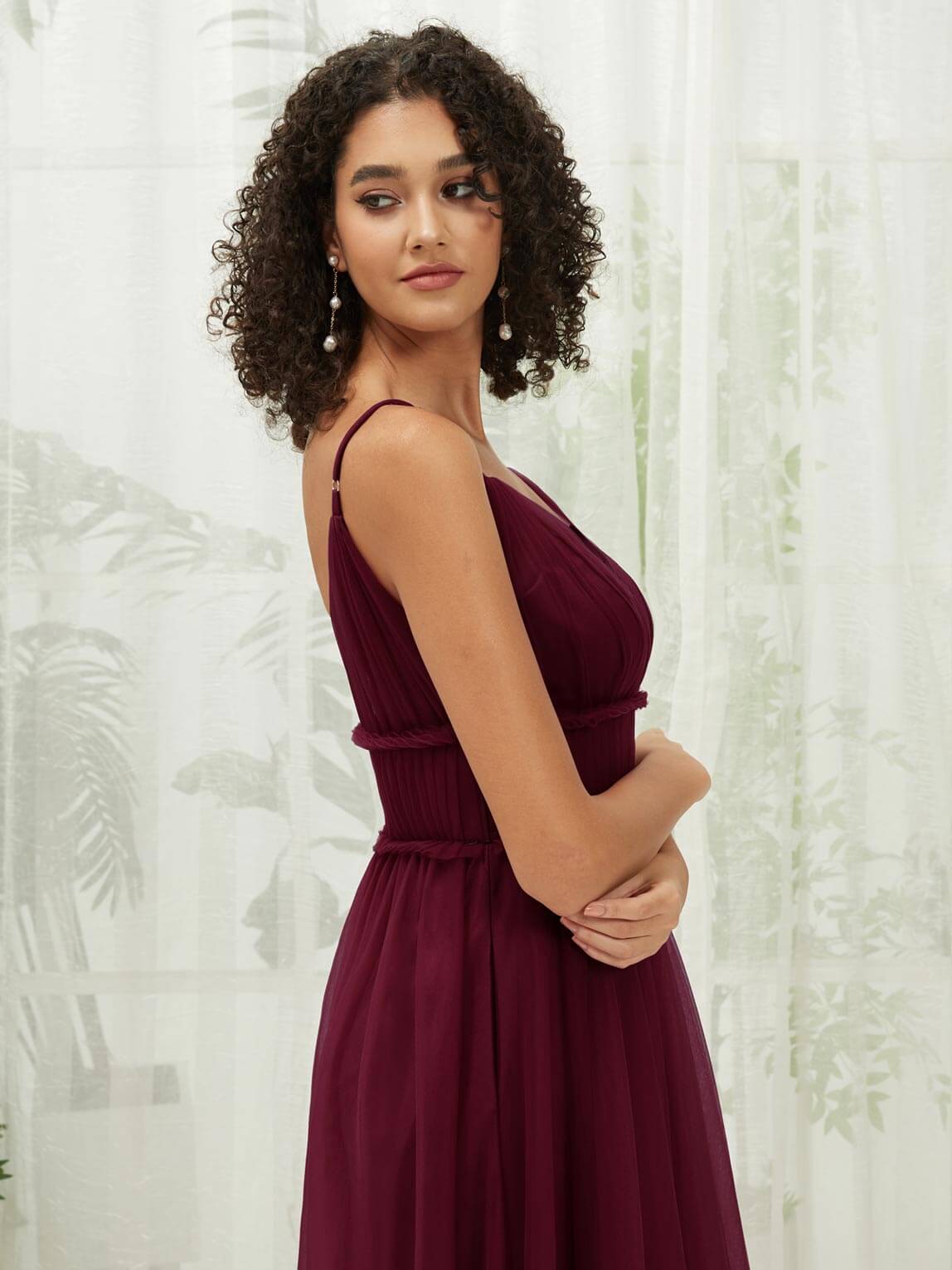 Elegant Burgundy Tulle Backless Pleated Pocket Floor Length Bridesmaid Dresses for Weddings, Formal Events & Special Occasions