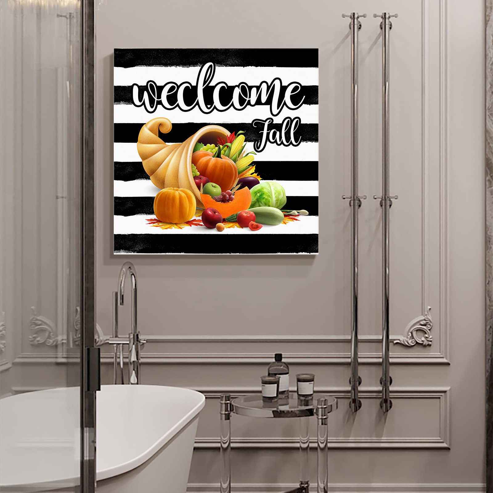 Premium Canvas Wall Art - Fall Cornucopia with Pumpkins & Fruits, Stretched Framed Oil Painting Print, Thanksgiving Harvest Decor for Living Room, Bedroom, Kitchen (28x28 Inch) | Perfect for Autumn Home Decor & Seasonal Farmhouse Style