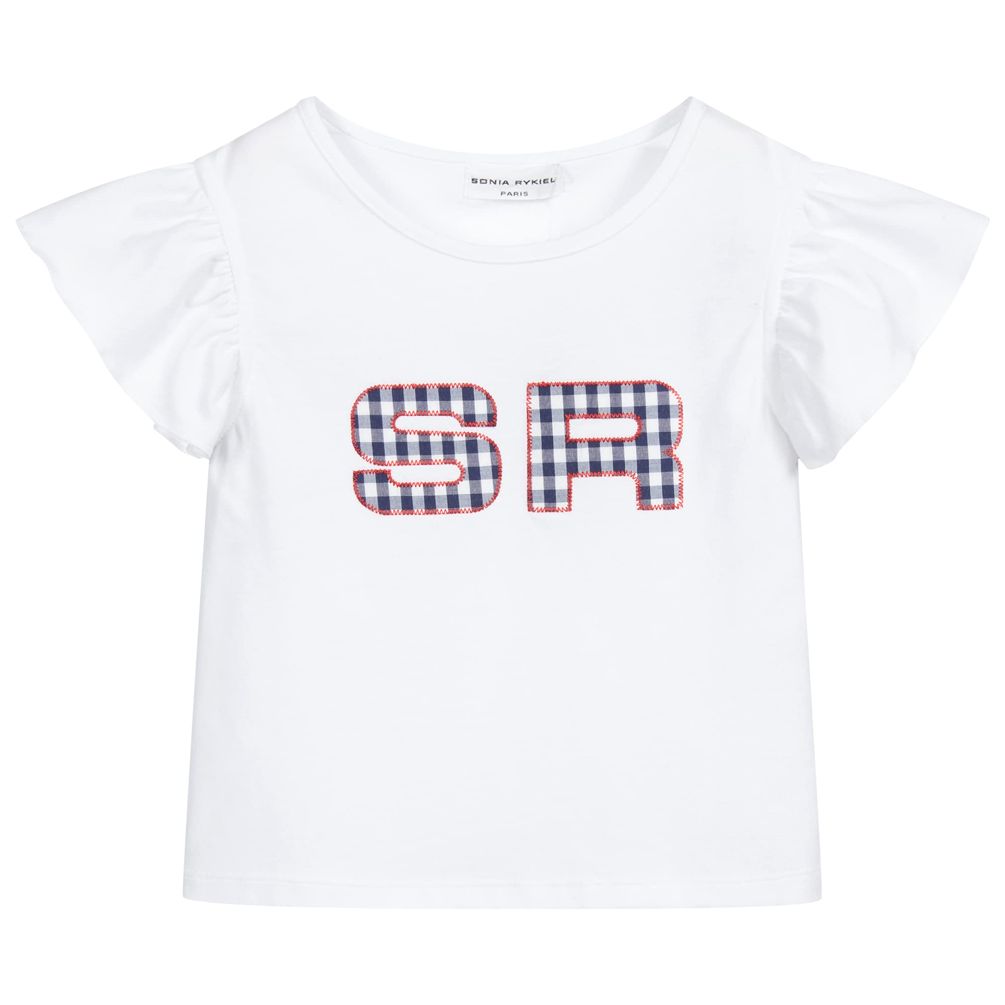 Sonia Rykiel Girls Gingham Logo FAMA Short Sleeve T-Shirt | Cute Casual Cotton Top for School, Playdates & Summer Outfits