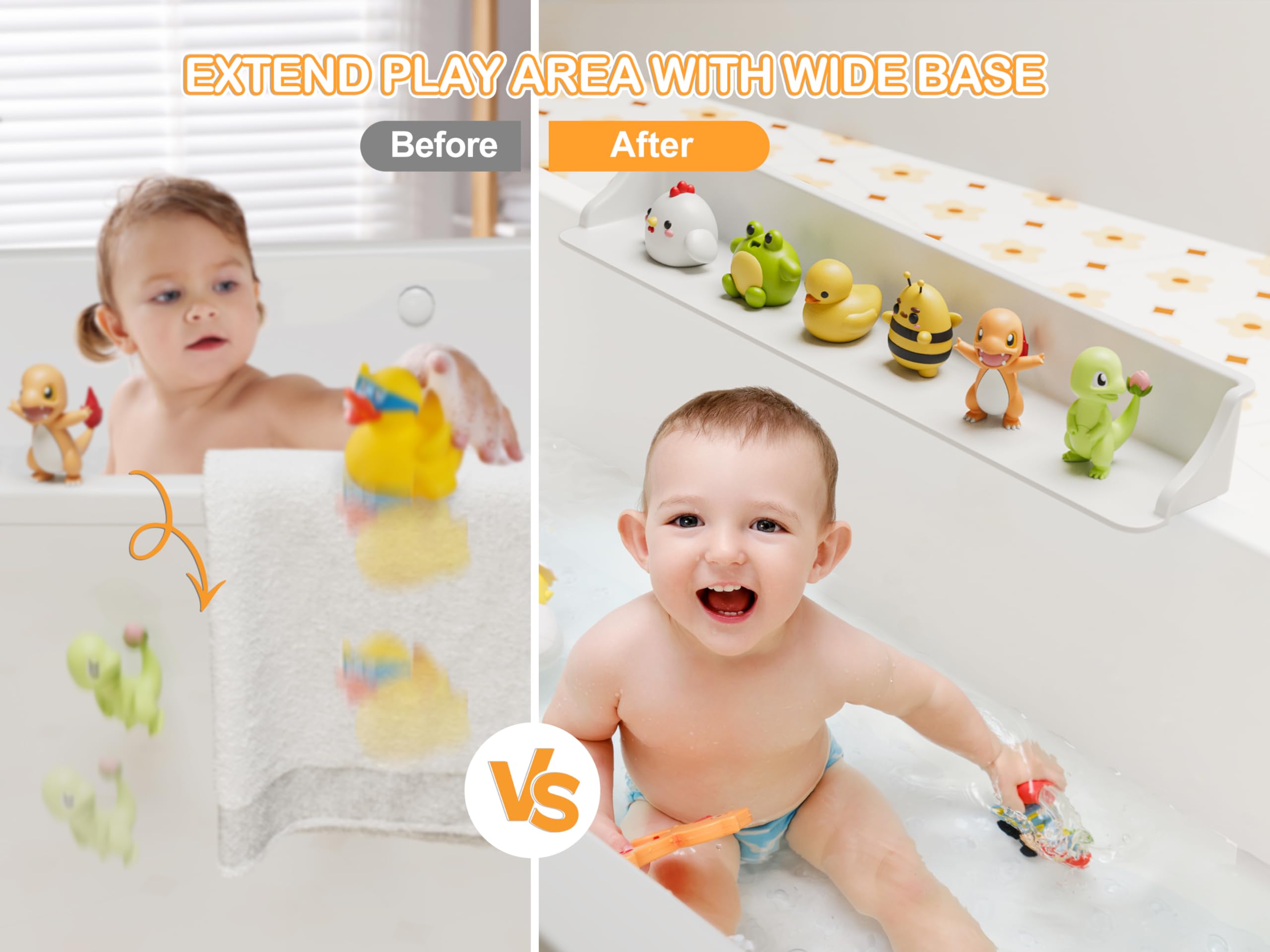 3-Ft Bathtub Splash Guard PlayPad with Strong Suction Cups | Toy Tray Caddy Holder Storage | No-Leak, Mess-Free Bath Time for Kids | White | Perfect for Toddler Bath Safety & Water Play Fun
