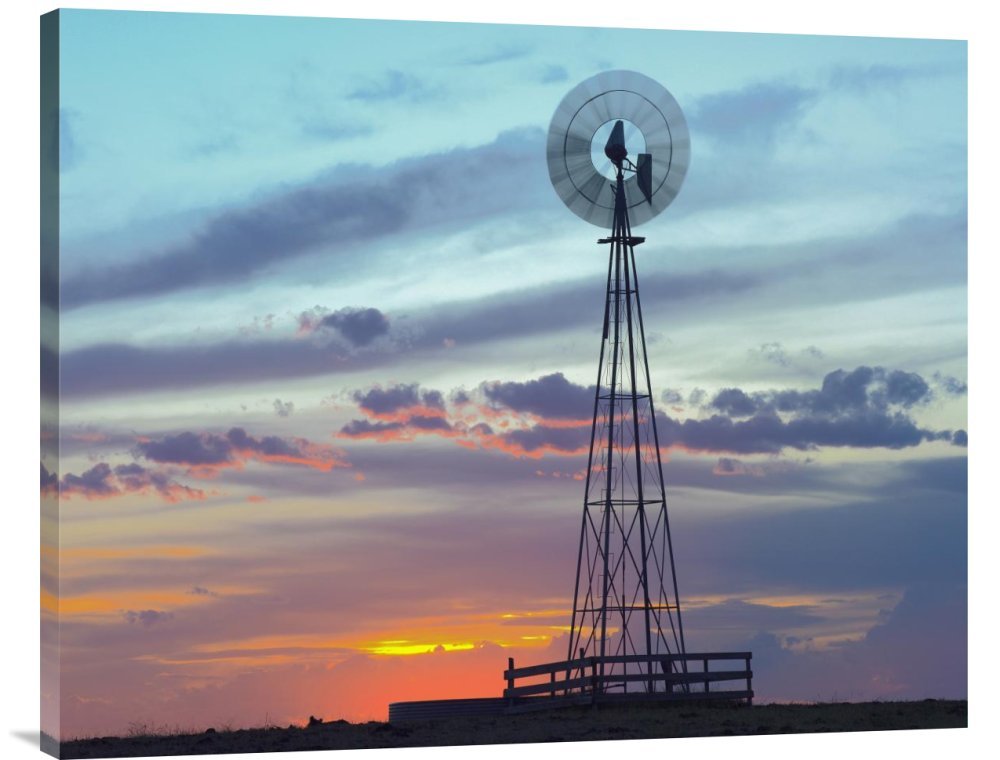 Tim Fitzharris Sunset Windmill Renewable Energy Wall Art - North America Landscape Canvas Print, Gallery Wrapped Giclee - Perfect for Home Office Decor & Eco-Friendly Living Room Design