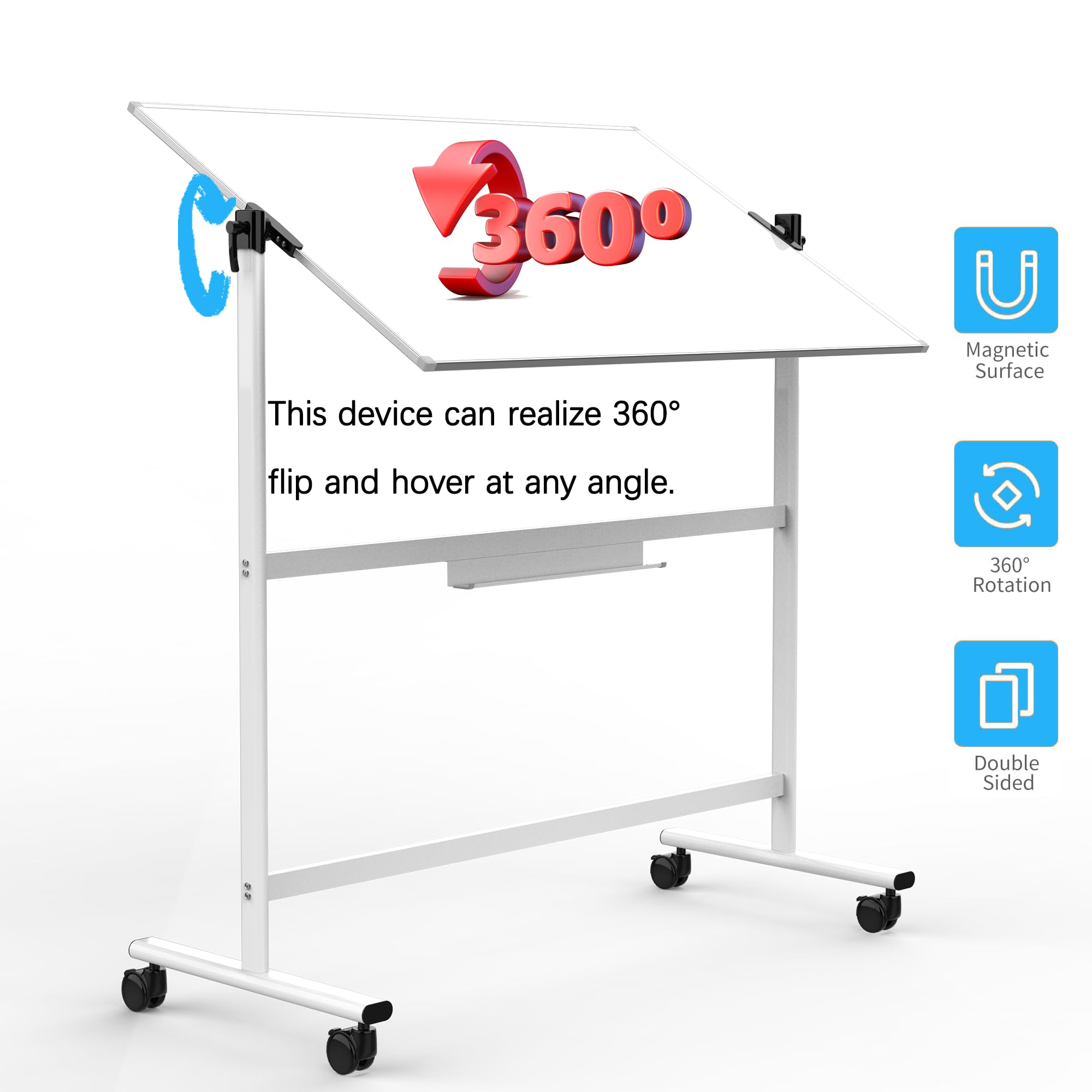 Adjustable Angle Rolling Whiteboard with Stand - Mobile Dry Erase Board on Wheels for Homeschooling, Office Meetings & Classroom Presentations (White)