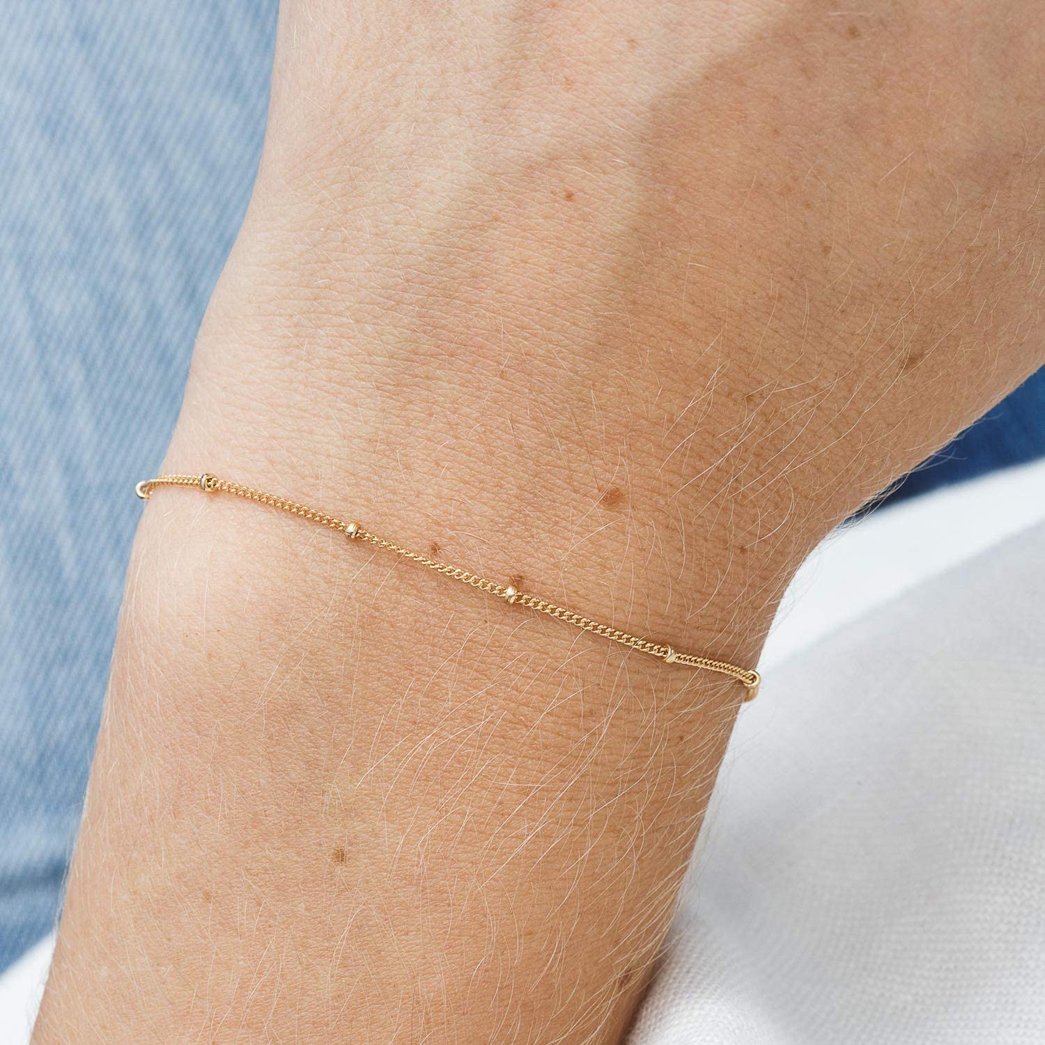 Women's Dainty Gold Chain Bracelet - Simple Layered Beaded Turquoise Bracelet with Charm Crystal Bar, Heart, Karma & Pearl Accents | Elegant Everyday Jewelry for Work, Date Night & Special Occasions