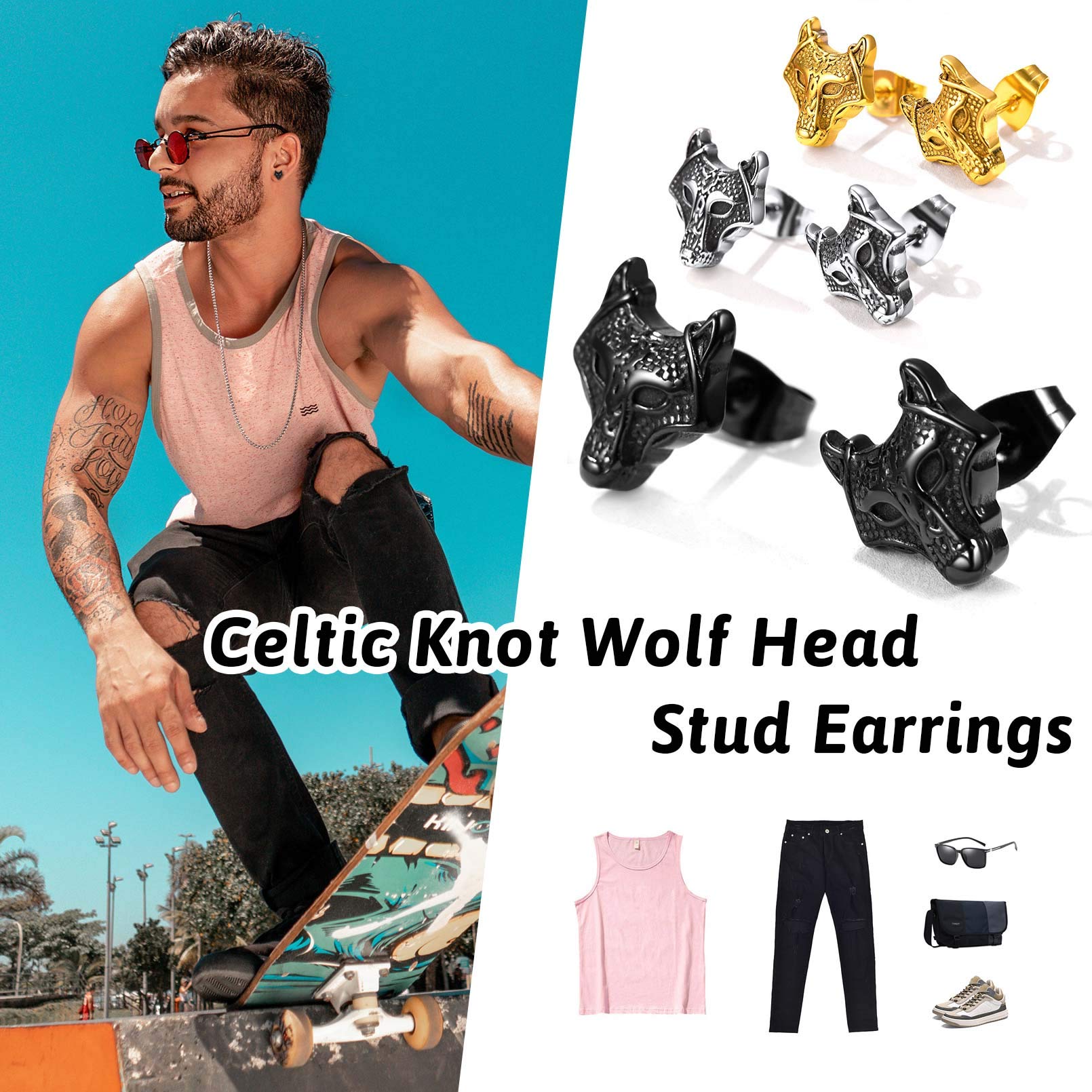 FaithHeart Viking Animal Huggie Hoop Earrings for Men - Gothic Dragon/Snake/Dinosaur/Wolf Stainless Steel Hypoallergenic Lightweight Stud Earrings - Punk Rock Jewelry Gift for Him - Perfect for Concerts, Parties & Gothic Fashion