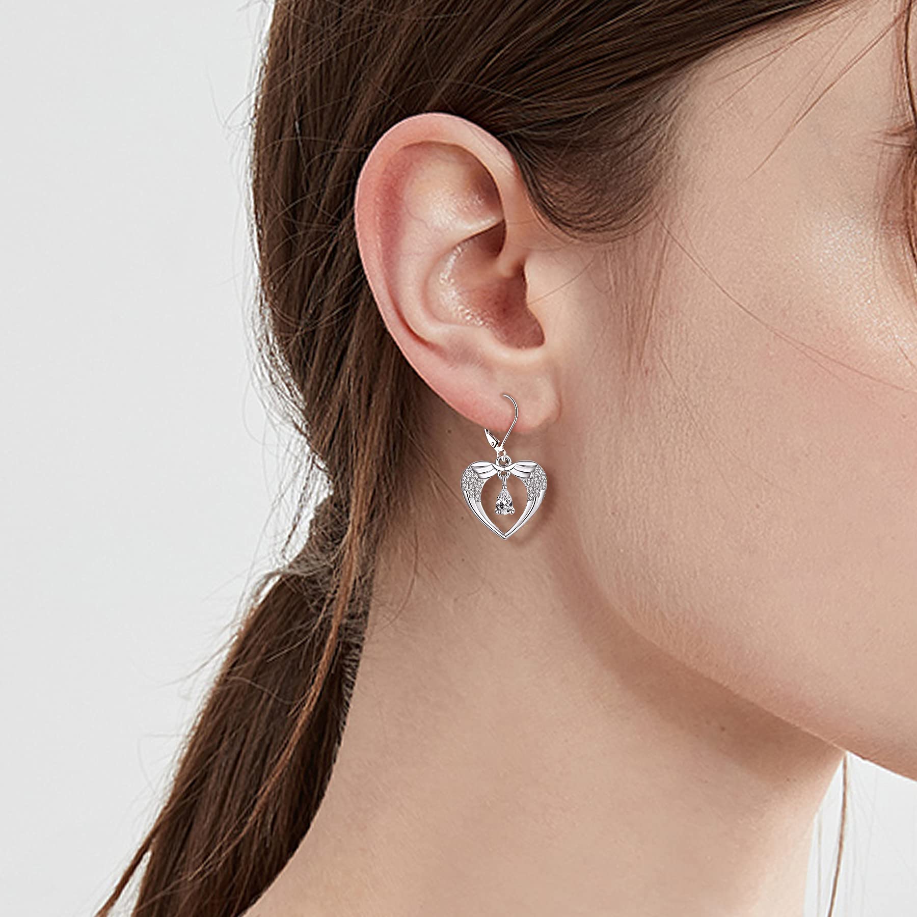 JO WISDOM 925 Sterling Silver Angel Wing Drop Earrings for Women - Elegant Dangle Earrings with 3A Pear Shape Cubic Zirconia Birthstone, Perfect Gift for Birthday, Anniversary & Everyday Wear (February Birthstone Example)