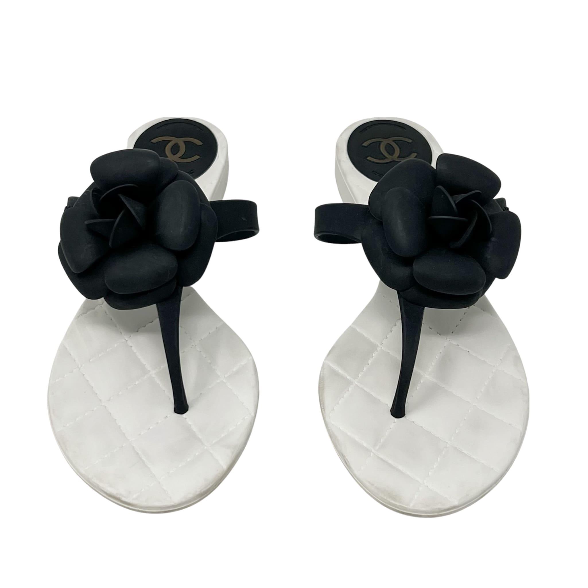 Chanel Black Camellia Rubber Sandals Size 38 - Women's Luxury Flip Flops for Beach, Pool & Summer Vacations