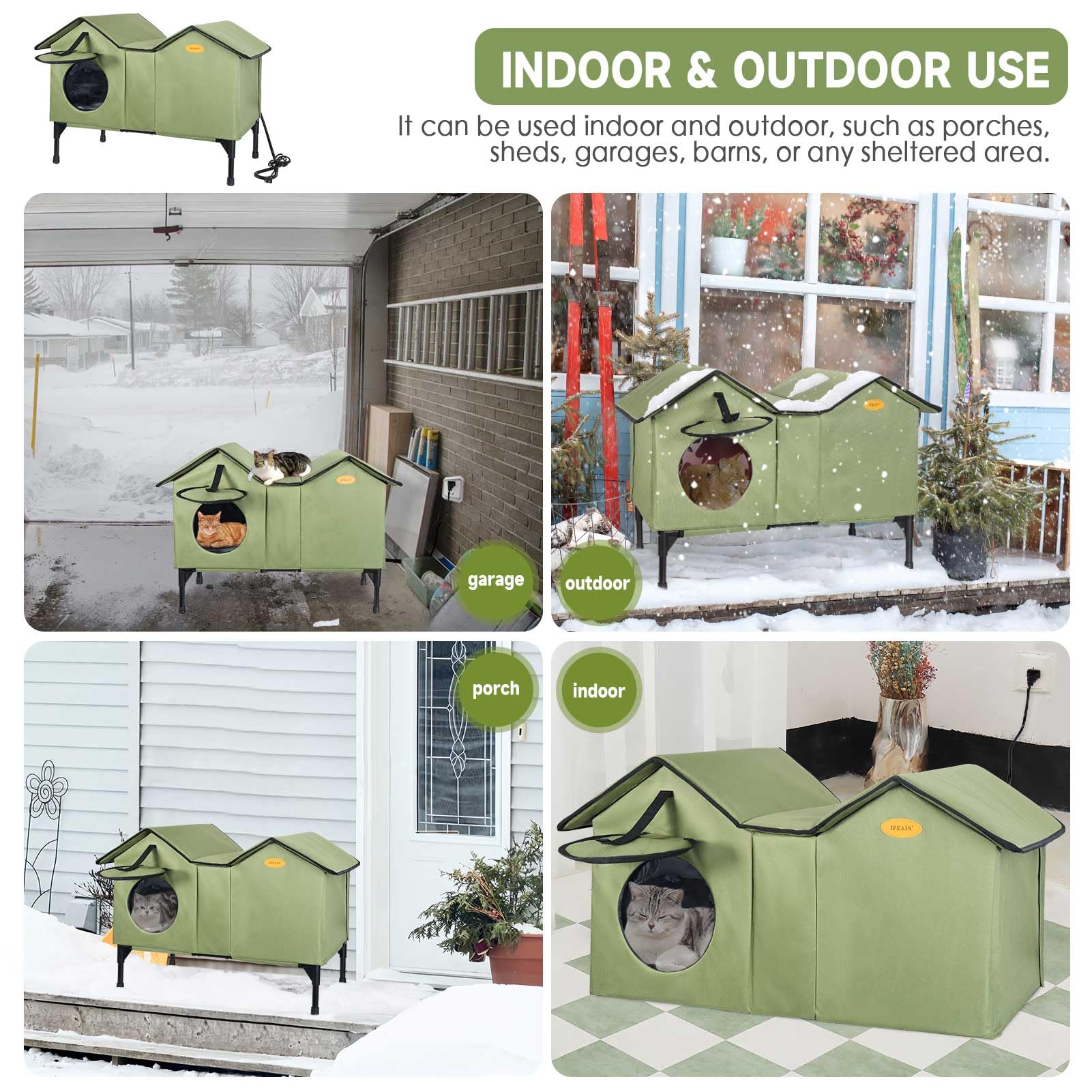 **Extra Large Heated Outdoor Cat House - Insulated & Waterproof Winter Shelter for Feral & Stray Cats - Weatherproof Elevated Design for Multiple Cats (Green) - Perfect for Backyards, Garages & Cold Climates**
