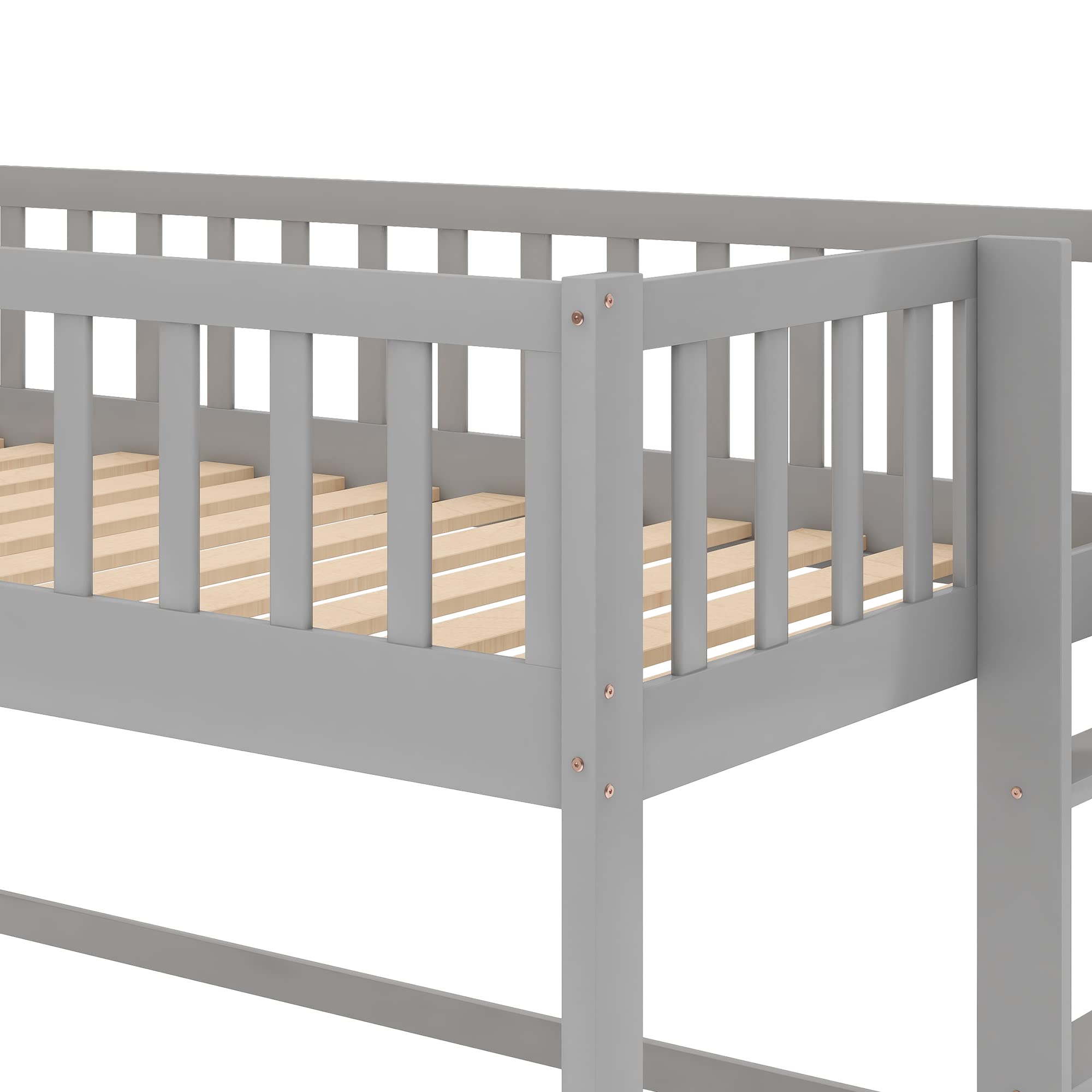 Twin Size Wooden Loft Bed with Slide - Low Bunk Bed Frame for Kids, Boys & Girls (Gray) - Perfect for Small Bedrooms, Playrooms & Kids' Sleepovers