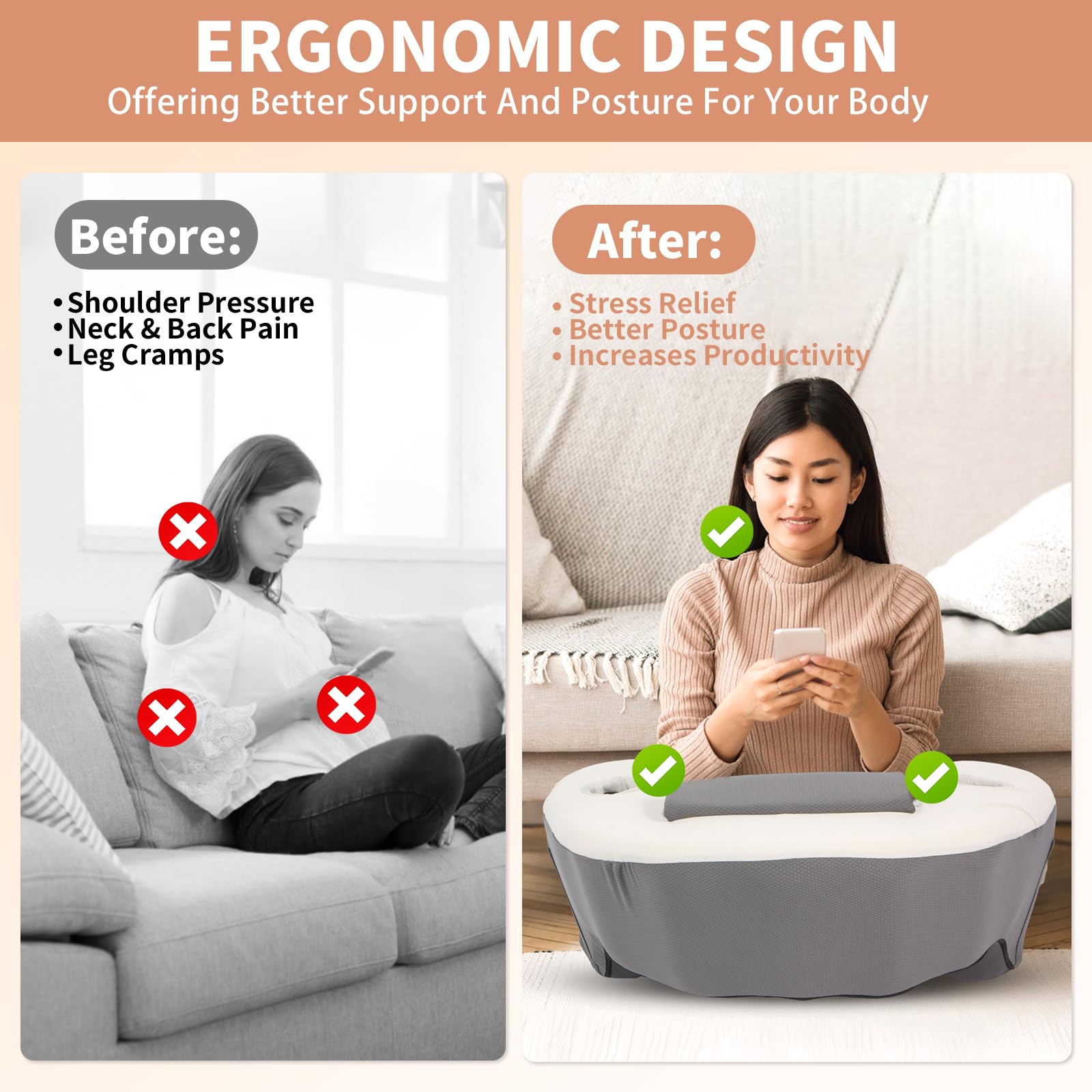Ergonomic Lap Desk Pillow with Cooling Memory Foam - Portable Laptop Stand for Bed, Sofa & Travel | Gaming Cushion & Reading Pillow with Armrest | Home Office Comfort (Grey) - Perfect for Remote Work, Study & Relaxation