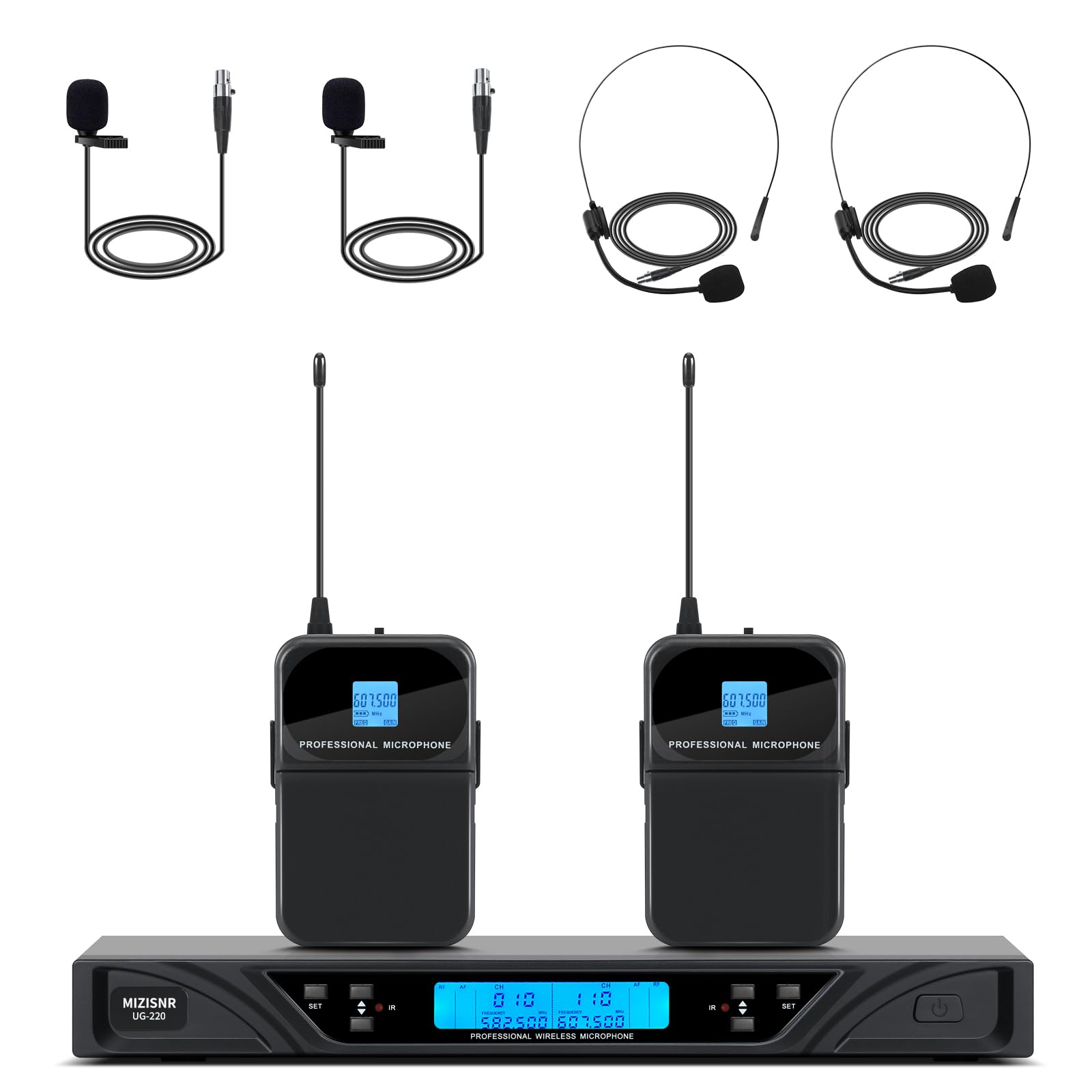 UG-220 Wireless Lapel Microphone System - 2x100 Adjustable UHF Frequencies with Headset & Lavalier Mic, 300ft Range for Meetings, Church Services, Singing, Public Speaking & YouTube Videos (2 Bodypack Transmitters)