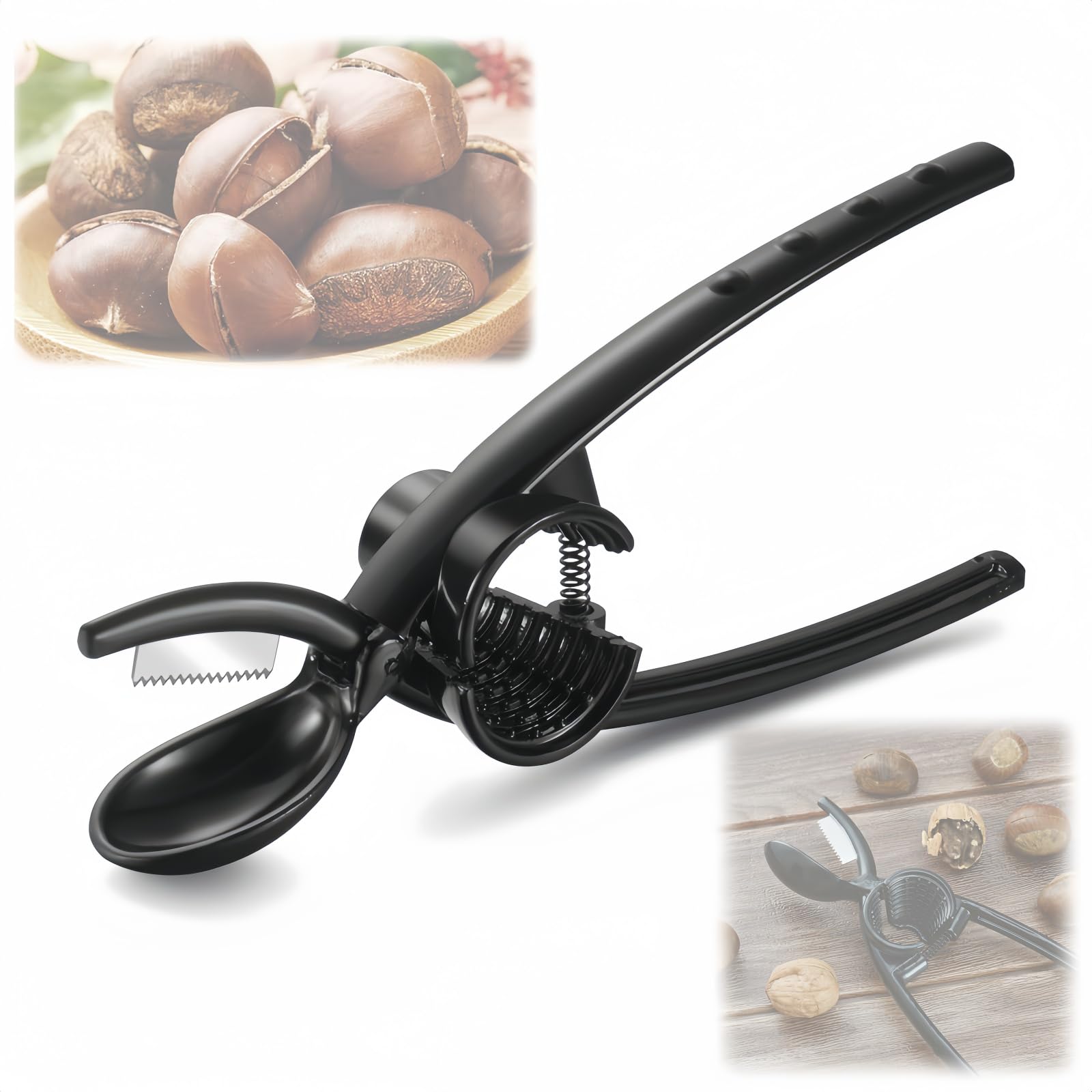 2025 New 2-in-1 Aluminum Alloy Nut Cracker & Chestnut Cutter Tool - Heavy Duty Walnut, Pecan & Large Nut Opener - Easy to Use Kitchen Gadget for Snacks, Baking & Holiday Cooking (Black)