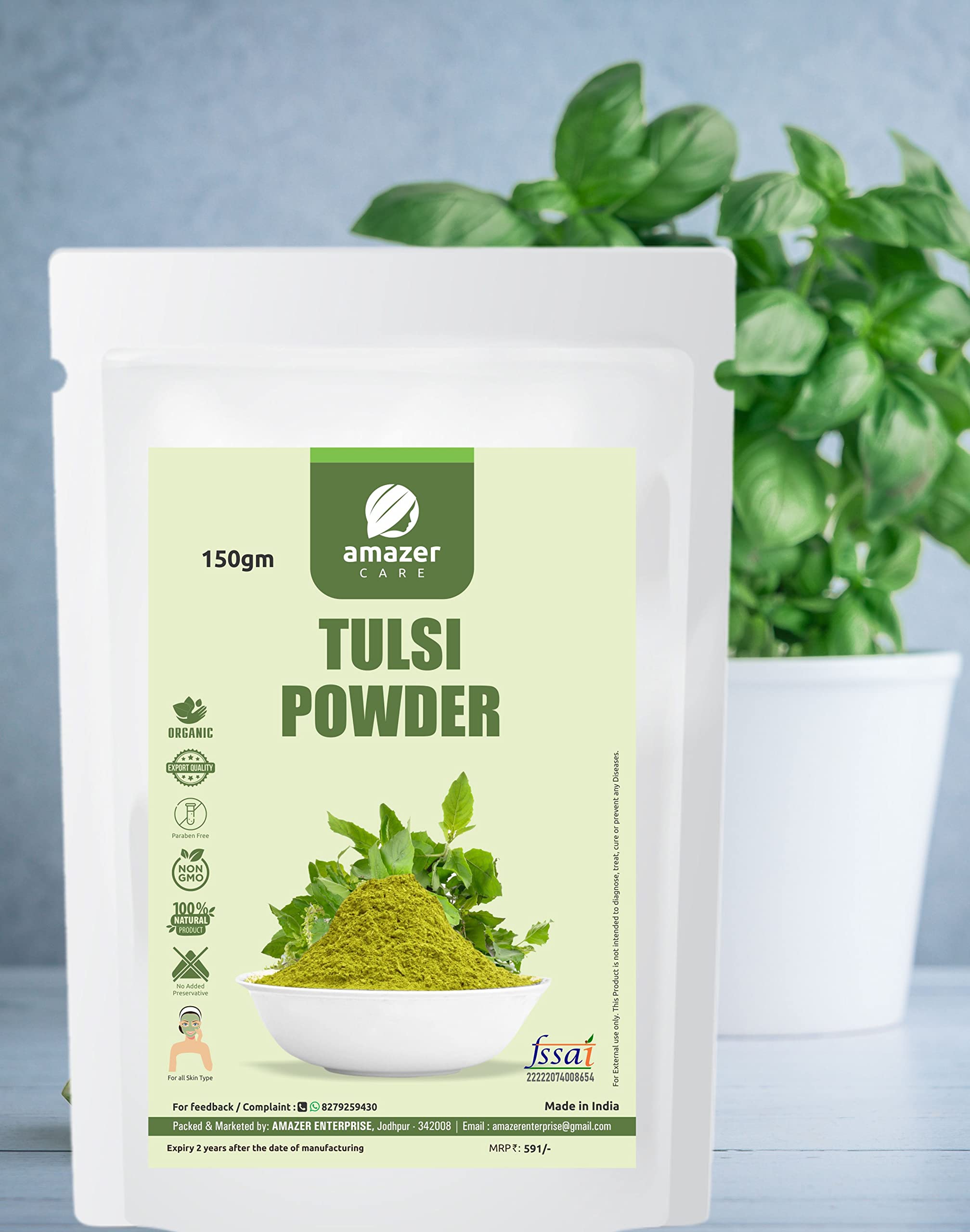 AmazerCare Natural Hair & Skin Care Powder with Tulsi Extract - 150gm for Healthy Hair Growth & Glowing Skin - Perfect for Daily Ayurvedic Beauty Routine