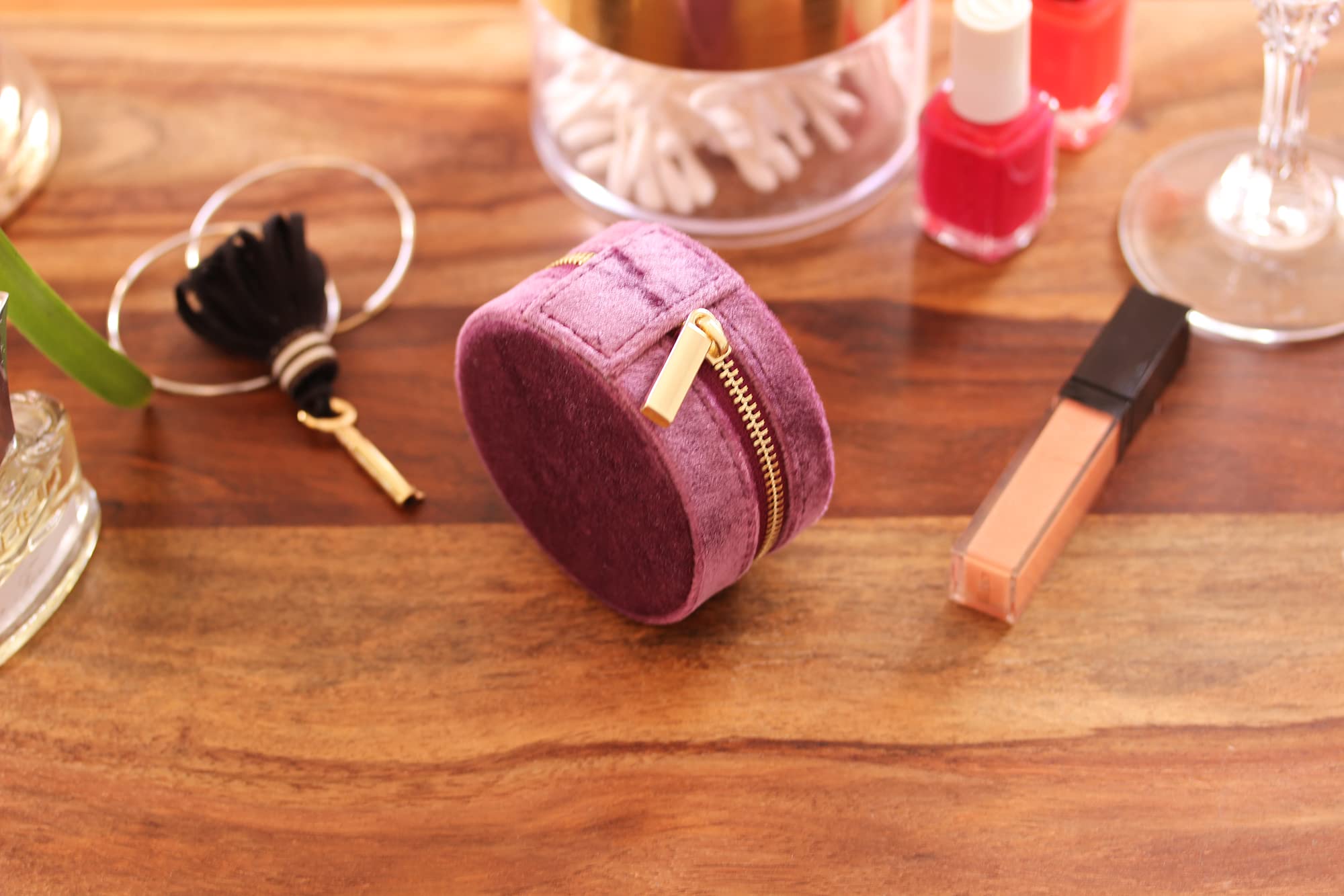 BLUETTE Velvet Jewelry Travel Case - Small Round Jewelry Organizer Box for Earrings, Rings & Necklaces - Portable Jewelry Storage Pouch, Perfect Gift for Women (Purple) | Great for Travel, Vacation & Daily Use