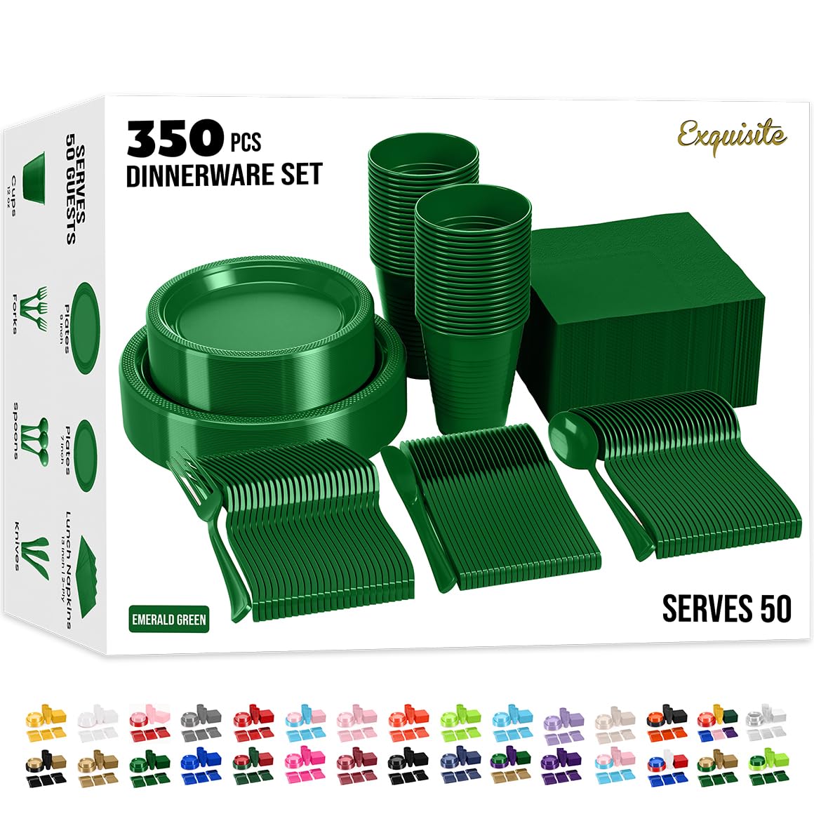 350 Pcs Emerald Green Plastic Plates for Party - Disposable Dinnerware Set Includes 9
