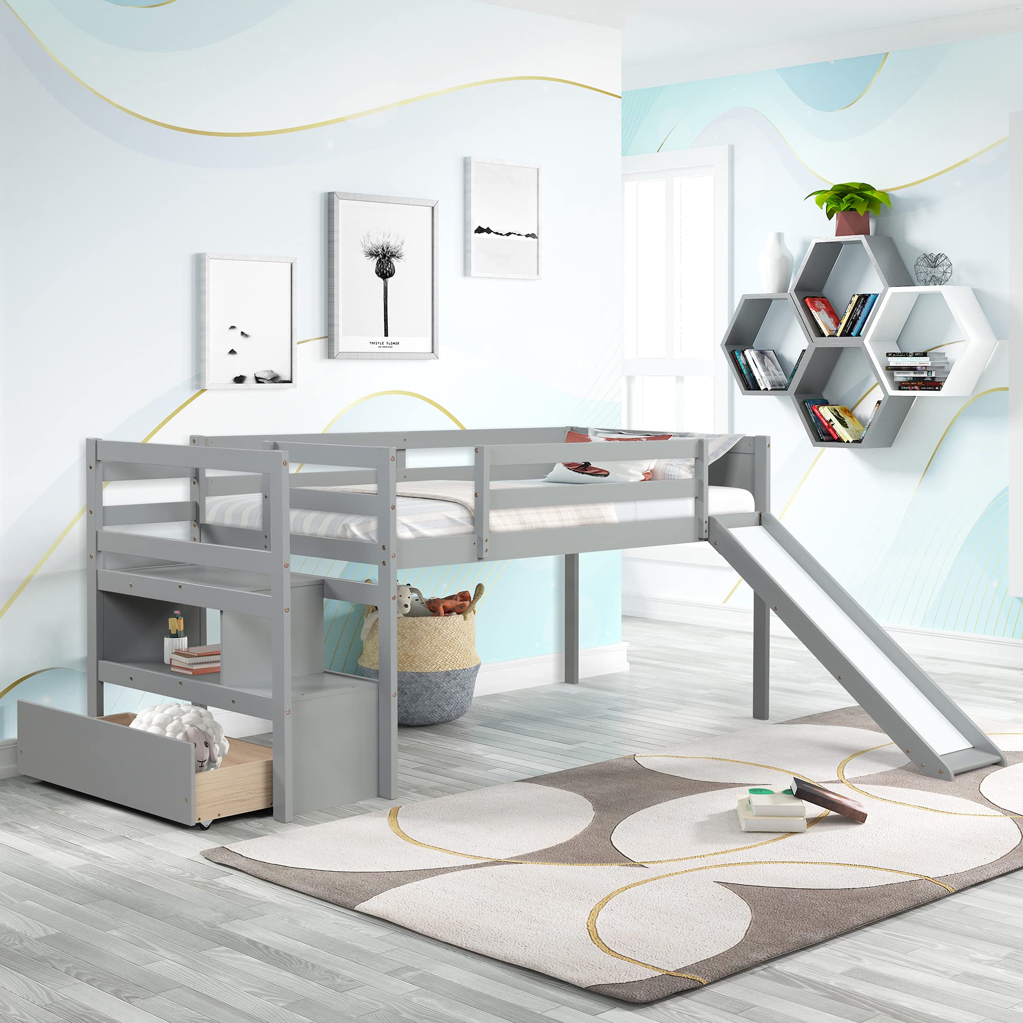 **Twin Loft Bed with Stairs & Slide - Wooden Kids Loft Bed with Storage Drawer, Shelf & Safety Guardrails - Low Junior Loft Bed Frame for Girls & Boys - No Box Spring Needed - Grey - Perfect for Small Bedrooms & Playrooms**