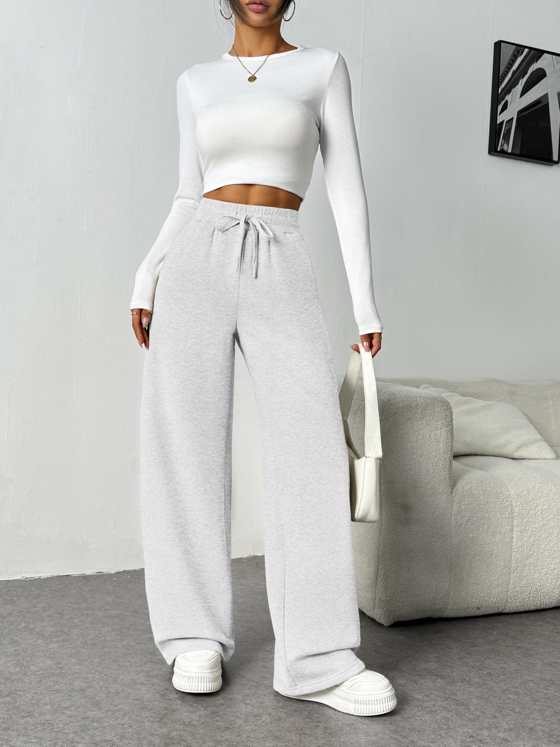 **PINSPARK Women's High Waisted Fleece Wide Leg Sweatpants - Winter Warm Athletic Joggers with Pockets for Workout, Lounge & Casual Wear**