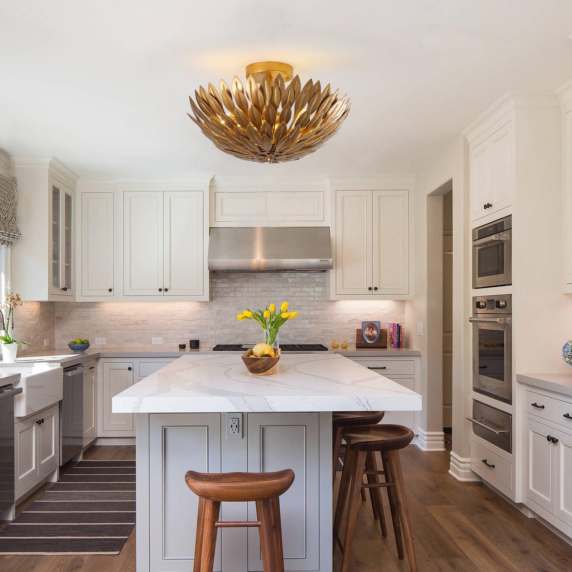 16 Inch 3-Light Farmhouse Golden Semi-Flush Mount Ceiling Light Fixture - Perfect for Kitchen, Dining Room, and Bedroom Lighting