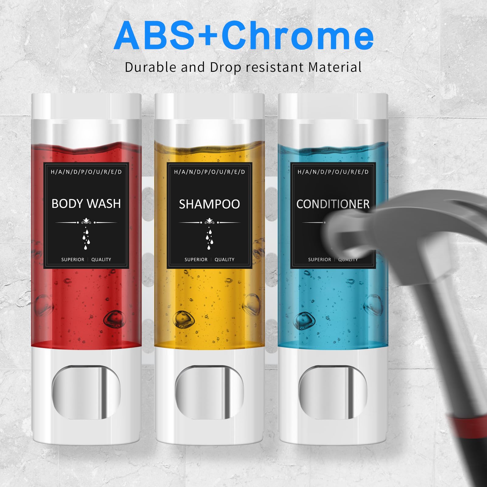 3-Chamber No-Drill Shower Dispenser for Shampoo, Conditioner & Body Wash - Wall Mounted (3 × 10.15oz) - Perfect for Bathroom Organization & Space Saving - White
