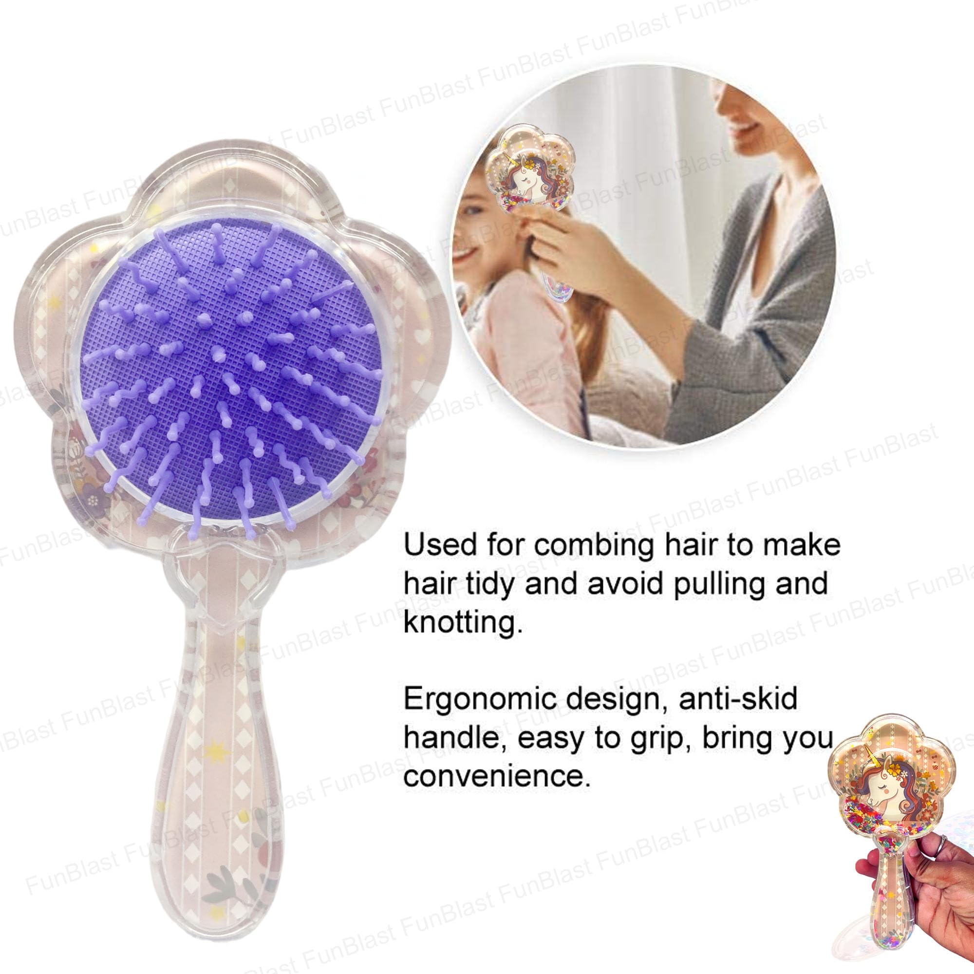 FunBlast Glitter Hair Brush Comb for Girls & Women - Flower Shaped Detangling Brush for Kids, Teens & Adults | Perfect for School, Parties & Daily Styling (Random Color)