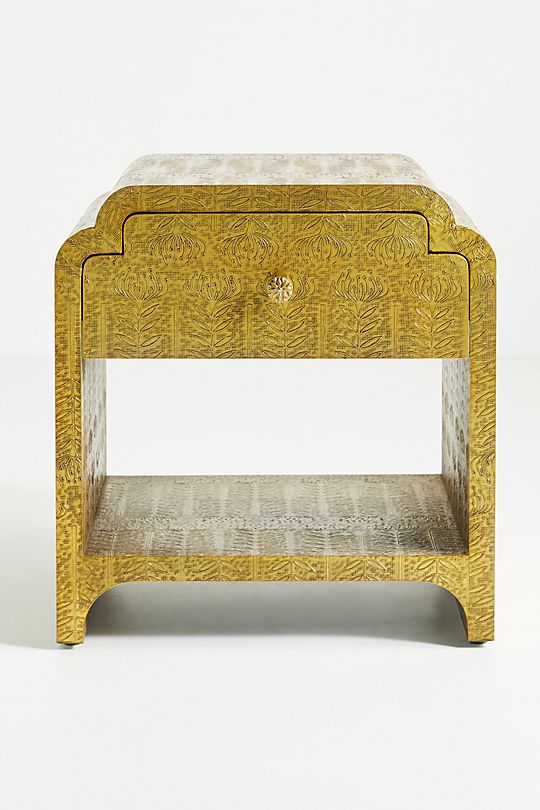 Hand Embossed Lotus Nightstand - Brass Golden Metal Bedside Table with Indian Carvings | Vintage Bedroom Furniture for Master Bedroom, Guest Room & Meditation Space