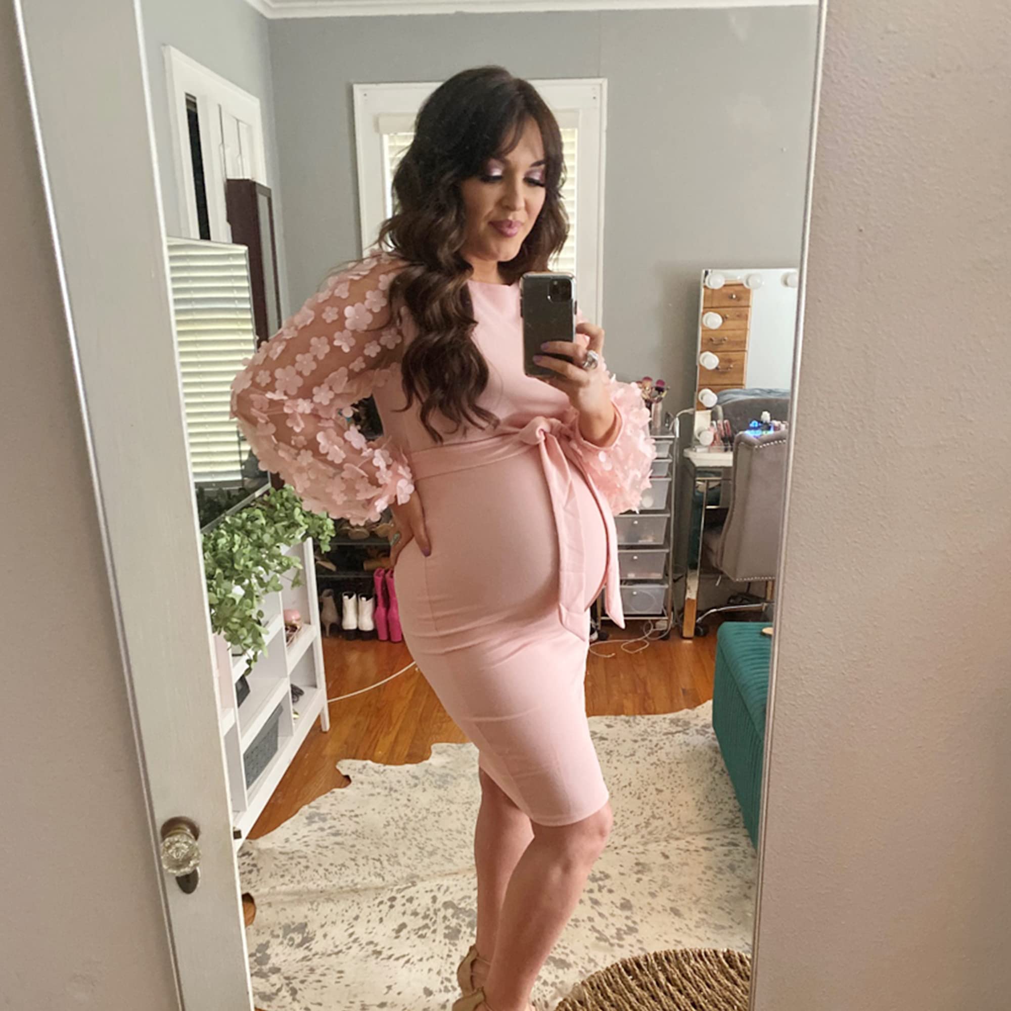 Floral Mesh Bishop Long Sleeve Maternity Midi Dress - Elegant Pregnancy Bodycon Dress for Baby Shower, Maternity Photoshoot & Special Occasions | Comfortable Fall Maternity Wear for Expecting Mothers