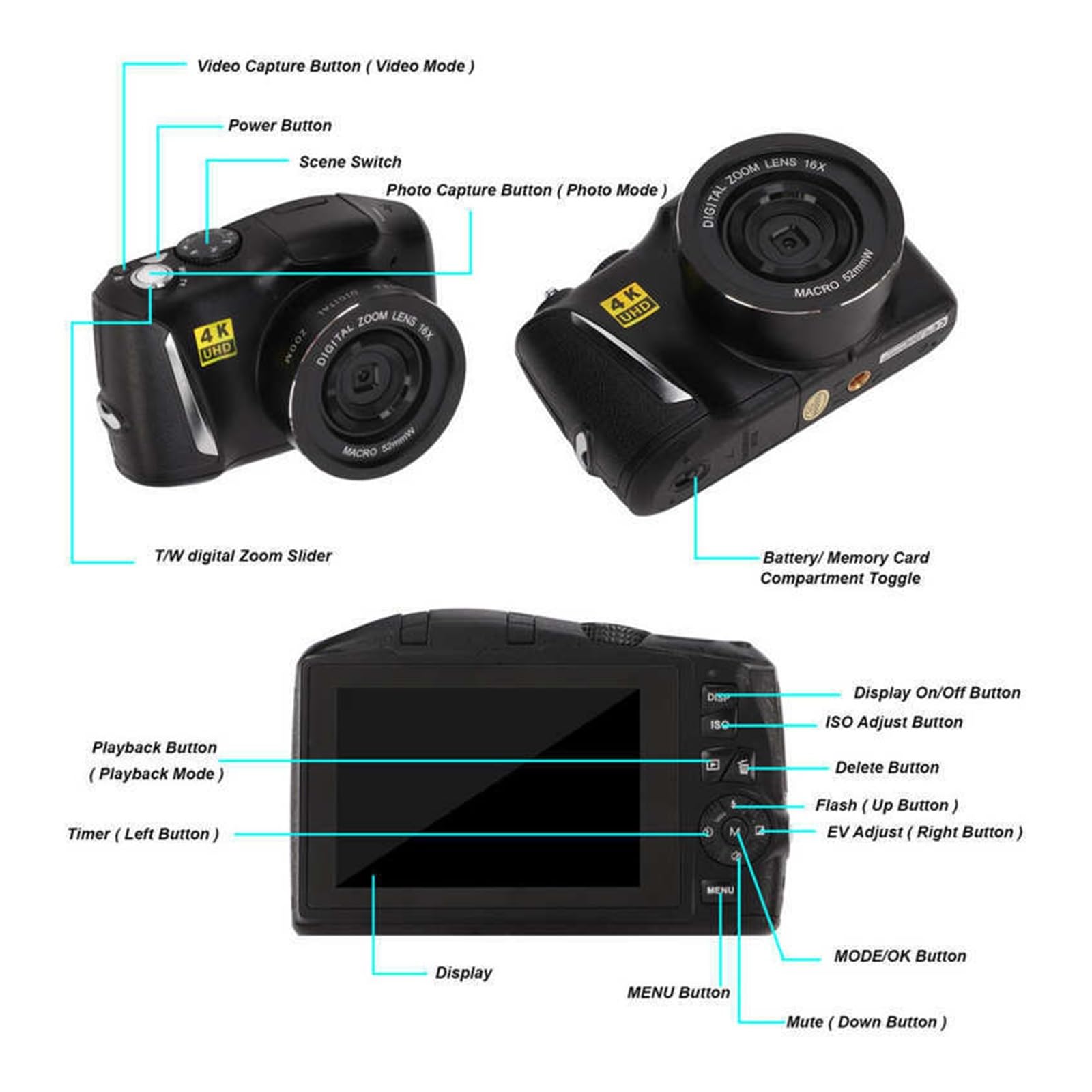 NMBHUS Digital Camera for Vlogging, 4K HD Video Recording, Webcam Function, Compact Travel Camera for YouTube, TikTok, and Social Media - Perfect for Travel, Outdoor Adventures, and Live Streaming