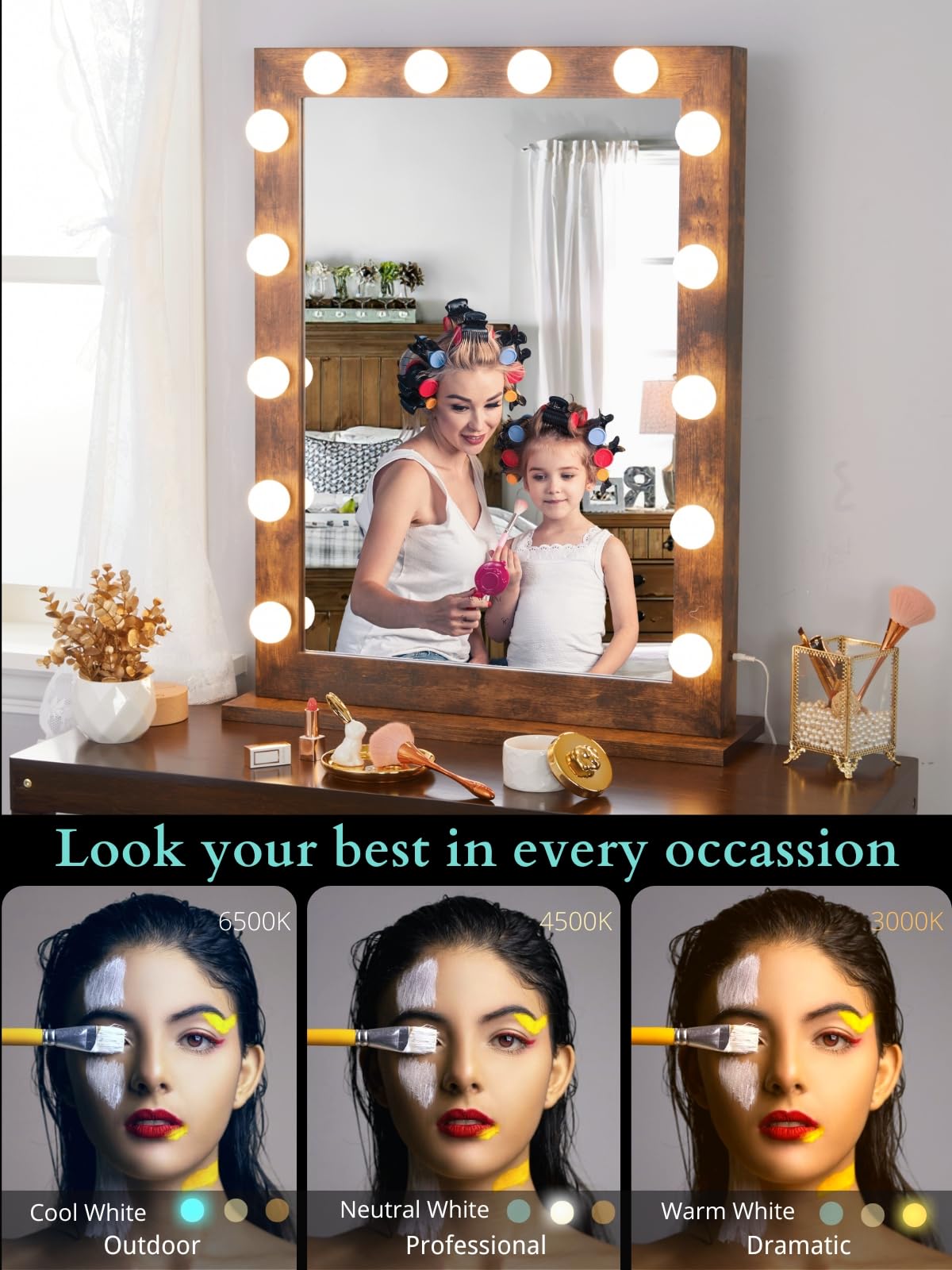 LUXFURNI 24x32 Inch Hollywood Vanity Mirror with 14 Dimmable LED Lights - Rustic Brown Makeup Mirror for Dressing Table, Wall Mount or Desktop - Perfect for Home Beauty Salon, Bridal Dressing Room & Bedroom Decor