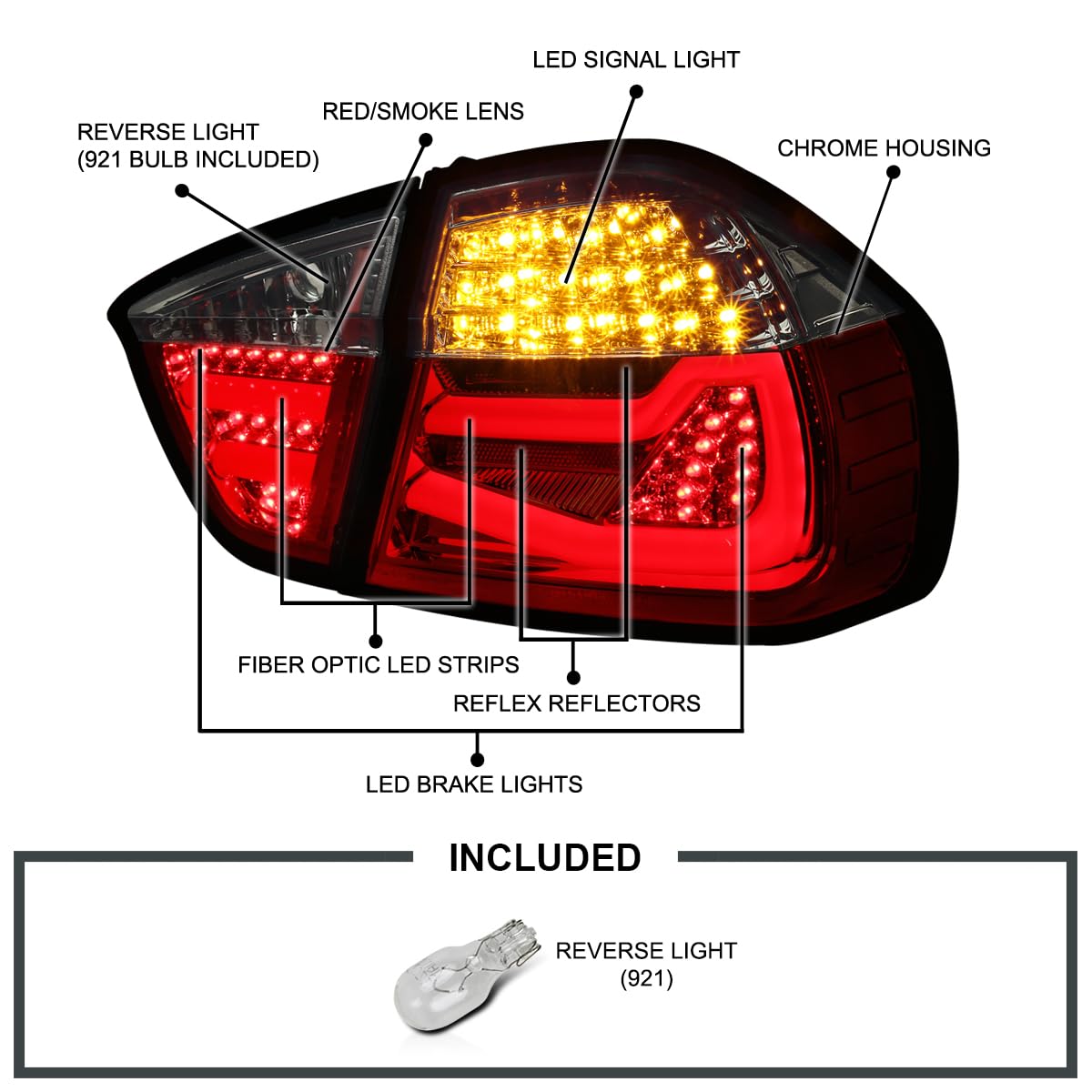 Spec-D Tuning Red Smoke LED Tube Tail Lights for 2005-2008 BMW E90 3-Series 4-Door Sedan - Left & Right Pair Assembly - Enhanced Night Visibility & Style Upgrade for Car Enthusiasts