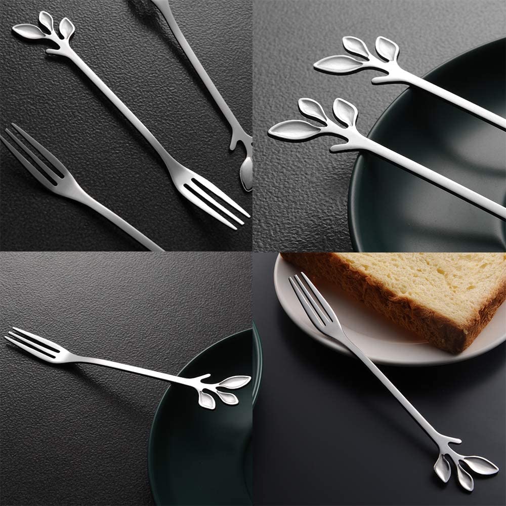 16-Piece Stainless Steel Silver Leaf Appetizer Forks Set - 4.7 Inch Elegant Dessert Forks for Cake, Fruit, Canapés - Perfect for Weddings, Parties & Home Entertaining (Silver)