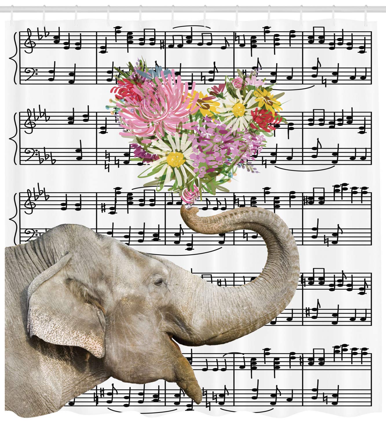 Ambesonne Elephant Shower Curtain - Large Floral Heart Trunk Elephant Design with Musical Notes, 69x75 Inch Waterproof Fabric Bathroom Decor Set with Hooks - Perfect for Kids' Bathroom, Jungle Theme Decor, or Unique Gift Idea
