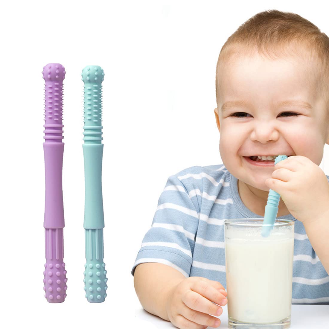 2 Pack Silicone Baby Teething Rings - BPA-Free, Natural Organic Teethers for Infants & Toddlers (Purple + Blue) with 1 Cleaning Brush - Perfect for Soothing Sore Gums During Teething, Unisex Design for Boys & Girls