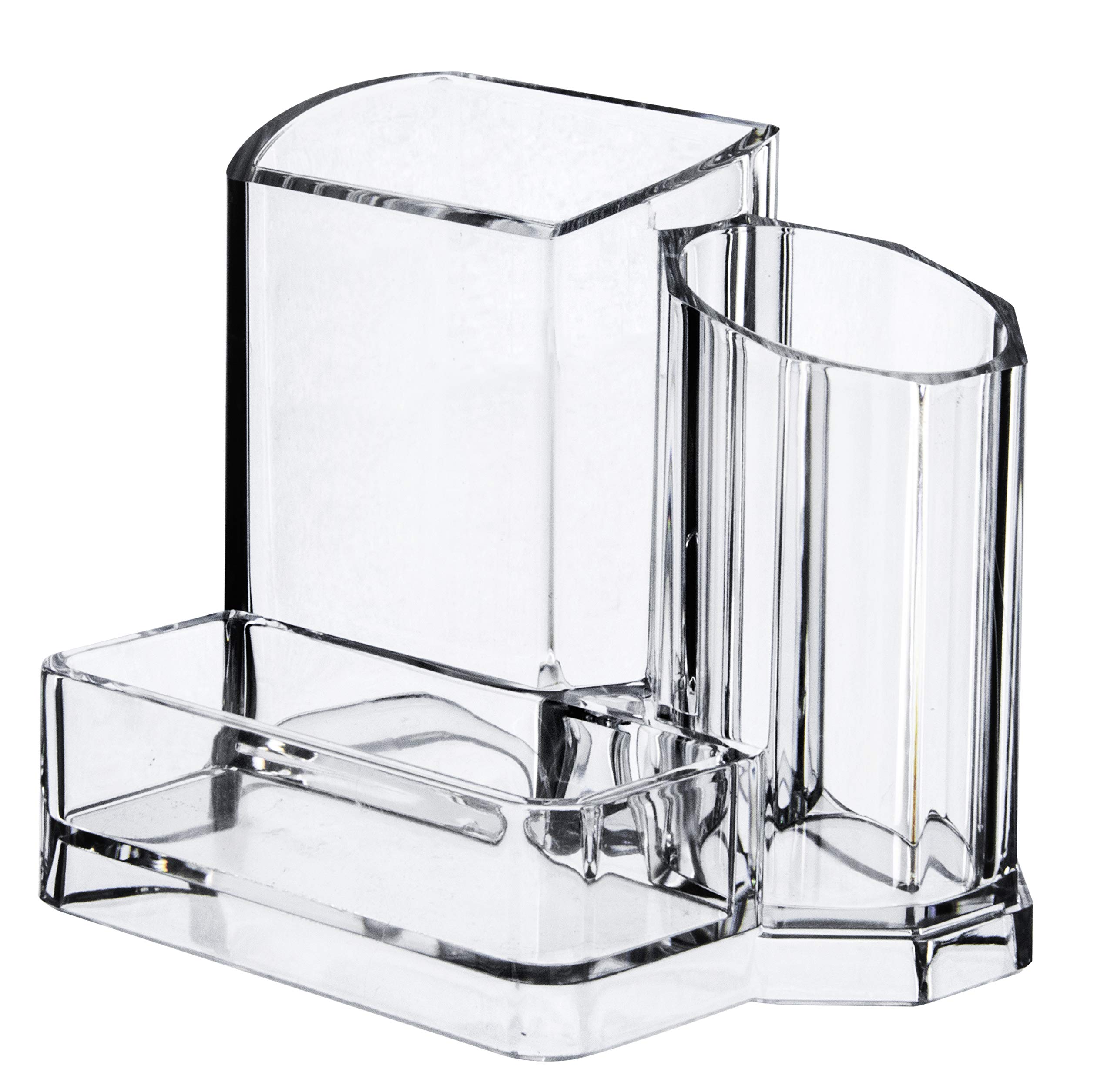 Clear 3-Compartment Bathroom & Office Organizer - Toothbrush Holder, Soap Dispenser, Makeup Brush & Lipstick Storage | Perfect for Vanity, Countertop, and Sink Organization