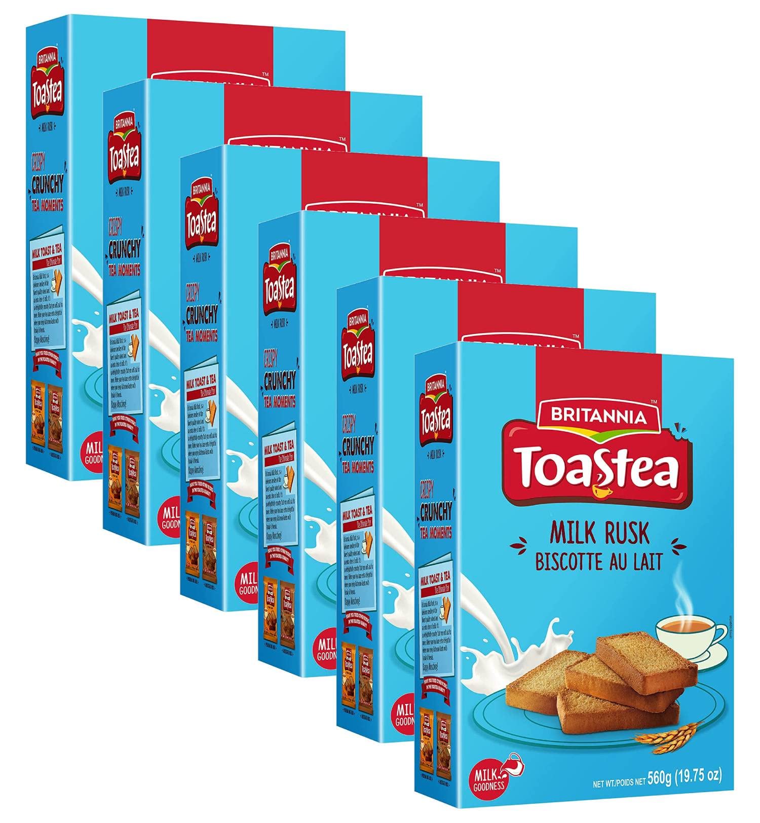 BRITANNIA Toastea Milk Rusk 19.75oz (560g) - Crispy Crunchy Milk Biscuits - Perfect for Breakfast, Tea Time & Snacking - Delicious with Coffee or Tea - Pack of 6 - Great for Office, School & Travel Snacks