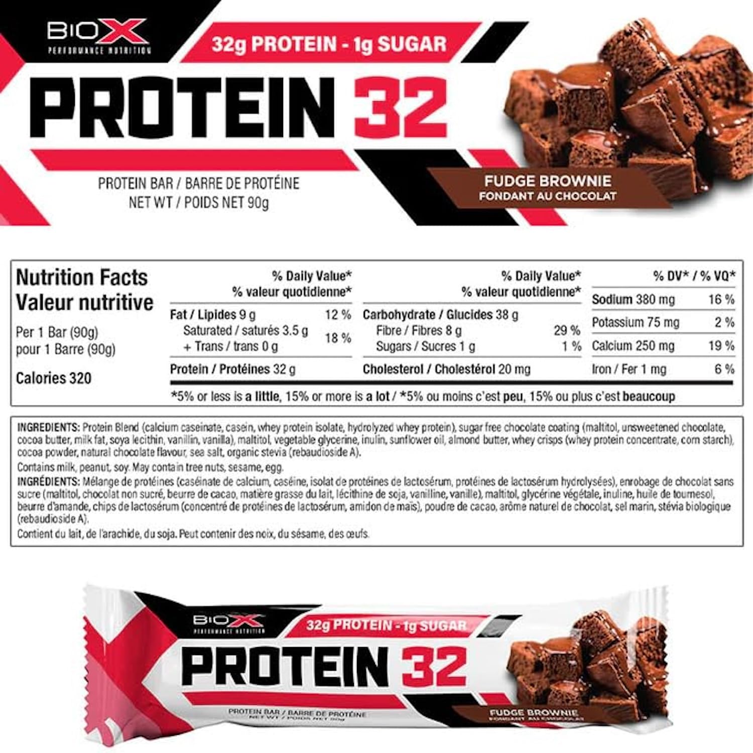 BioX Protein 32 Bar - High Protein, Low Sugar, High Fiber Snack Bar (32g Protein, 1g Sugar, 8g Fiber) - Whey & Casein Protein Blend - Fudge Brownie Flavor - Box of 12 Bars - Perfect for Post-Workout Recovery, Keto Diet & On-the-Go Nutrition