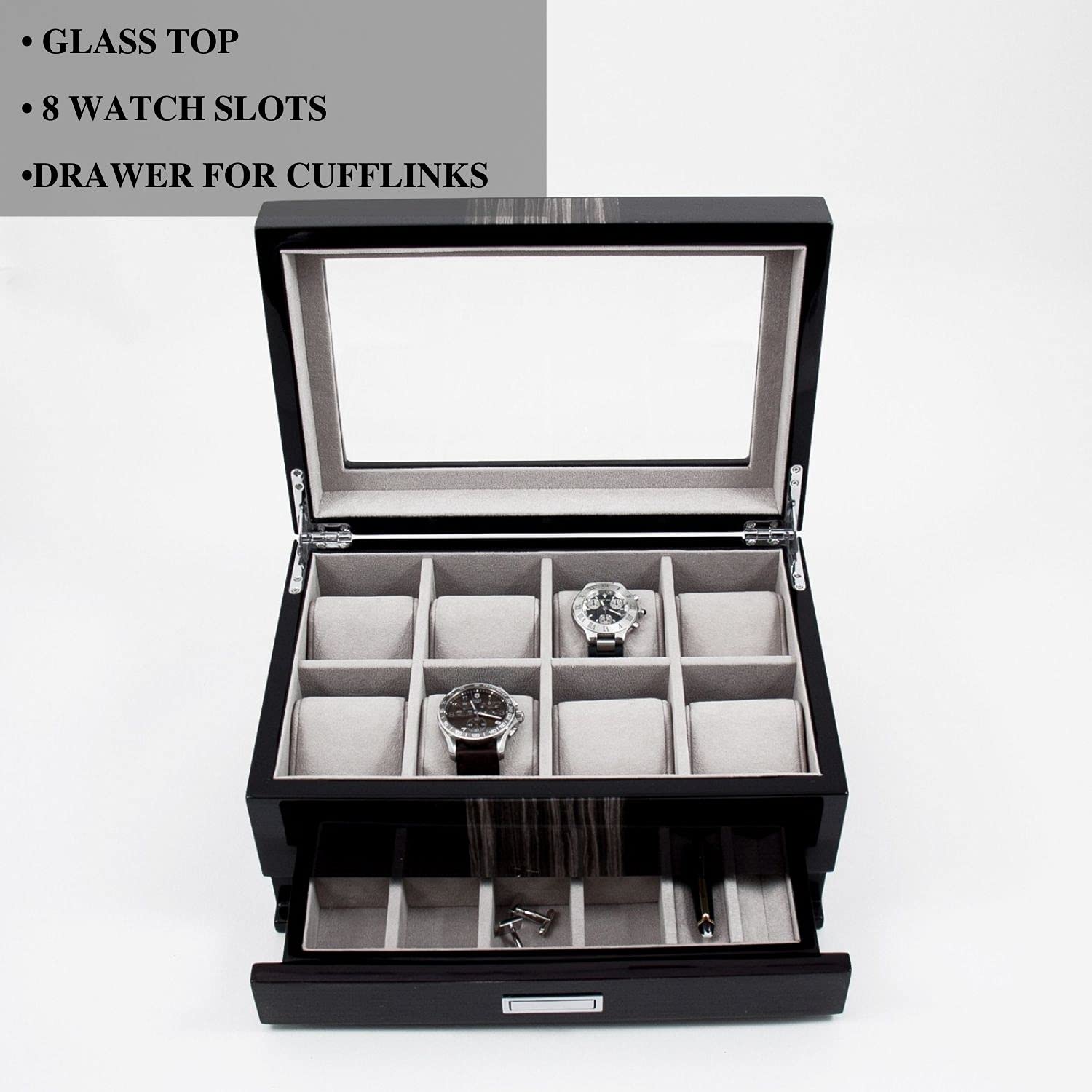 Bey-Berk High Gloss Lacquered Wooden Watch & Jewelry Storage Box with Glass Top - 8 Watch Slots & Drawer for Cufflinks, Pens - Perfect for Dresser Top, Closet Organization & Travel Jewelry Case