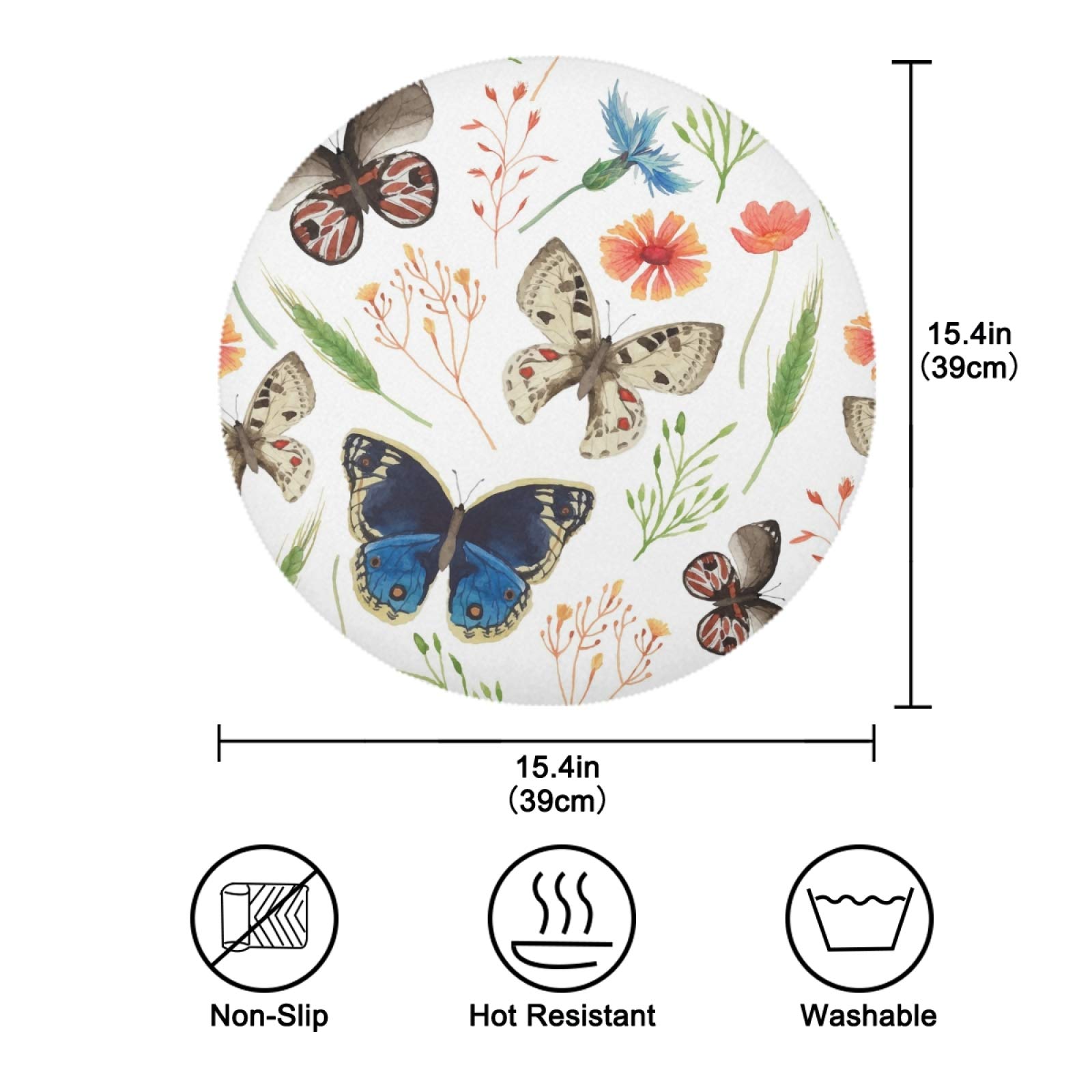 ALAZA Spring Butterfly Round Placemats Set of 4 - Non-Slip Dining Table Mats for Home Kitchen, Easter & Holiday Decor - Perfect for Dinner Parties, Brunch, and Special Occasions