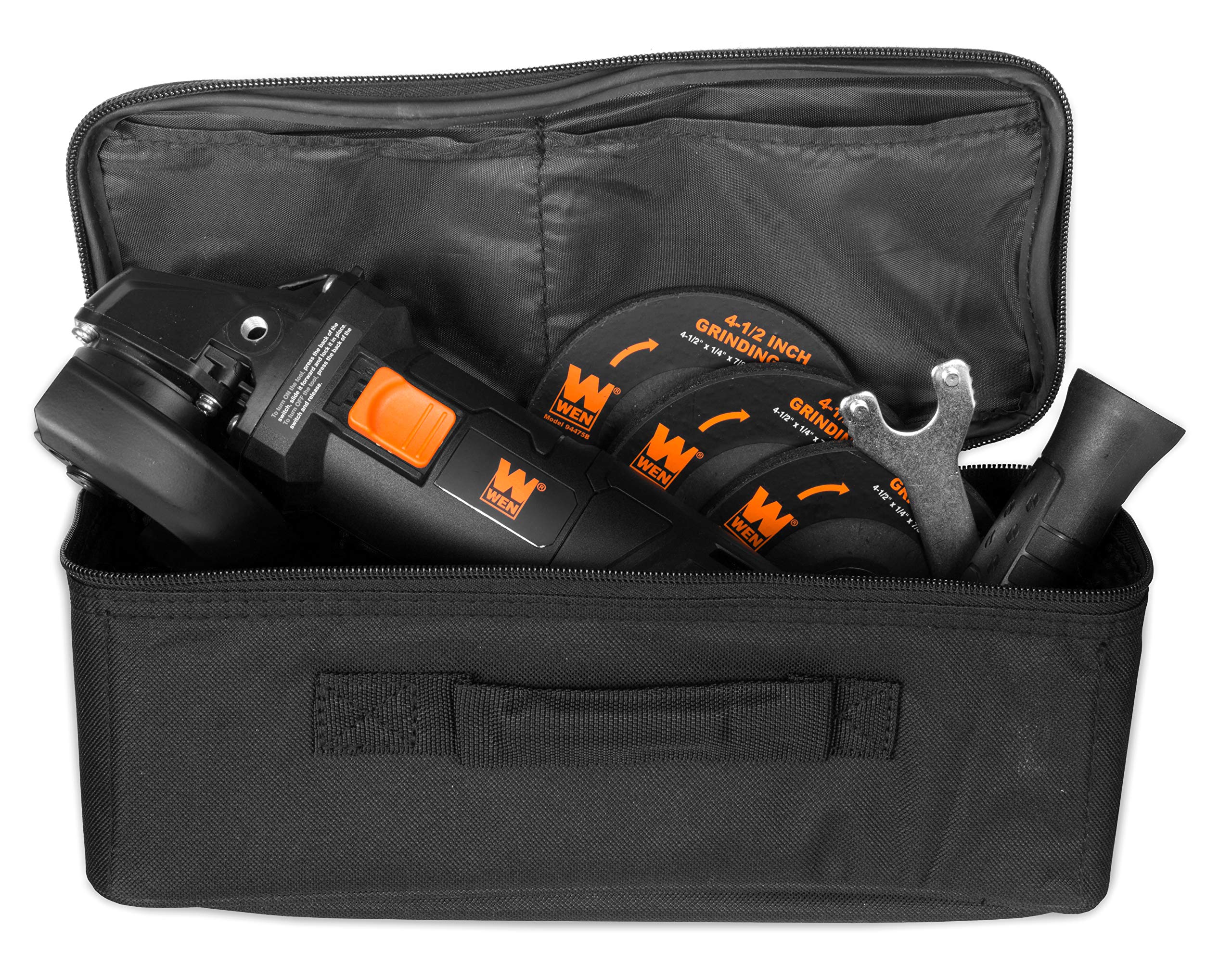 WEN 94475 7.5-Amp 4-1/2-Inch Angle Grinder with Reversible Handle, 3 Grinding Discs & Carrying Case - Black & Orange - Perfect for Metal Cutting, Grinding & Polishing in Construction & DIY Projects