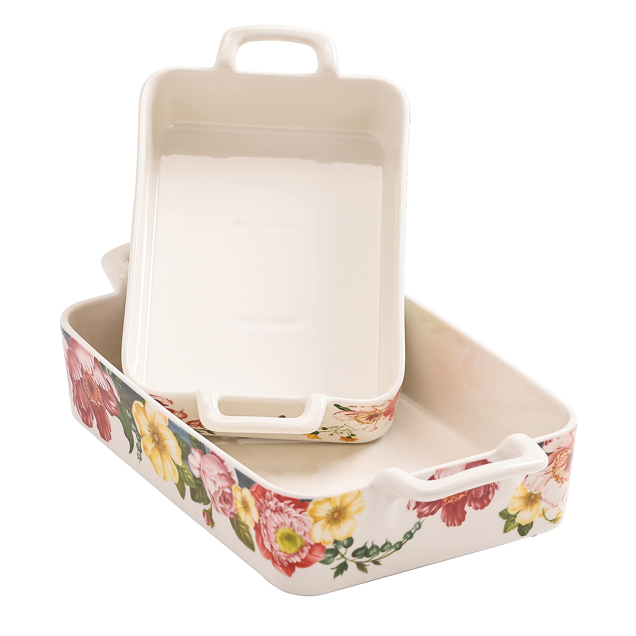 Bico Peony Heaven Stoneware Baking Dish Set - 2-Piece Large & Medium Rectangular Oven Safe Bakeware for Lasagna, Casseroles | Microwave, Dishwasher Safe | Perfect for Family Dinners, Holiday Baking & Meal Prep