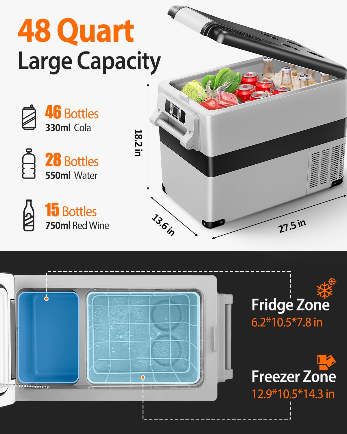 12V Portable Car Fridge Refrigerator - 48 Quart (45L) Electric Cooler with AC/DC for Truck, Van, RV, Camper & SUV | Car Freezer for Camping, Boating & Travel | APP Control (-4°F to 68°F) | Perfect for Road Trips, Outdoor Adventures & Picnics