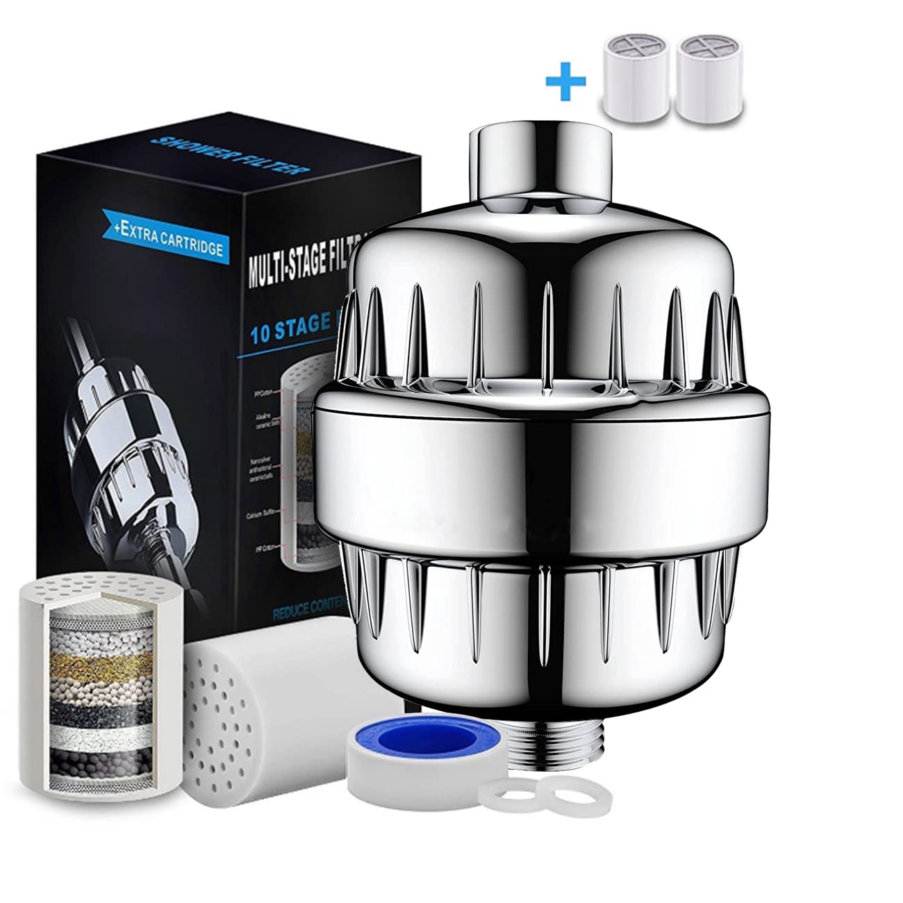 AUOMLVH 15-Stage Shower Filter Water Purifier - Removes Chlorine & Fluoride, Softens Skin - High Output Shower Head with 2 Replacement Cartridges - Ideal for Dry Skin & Sensitive Scalp Care