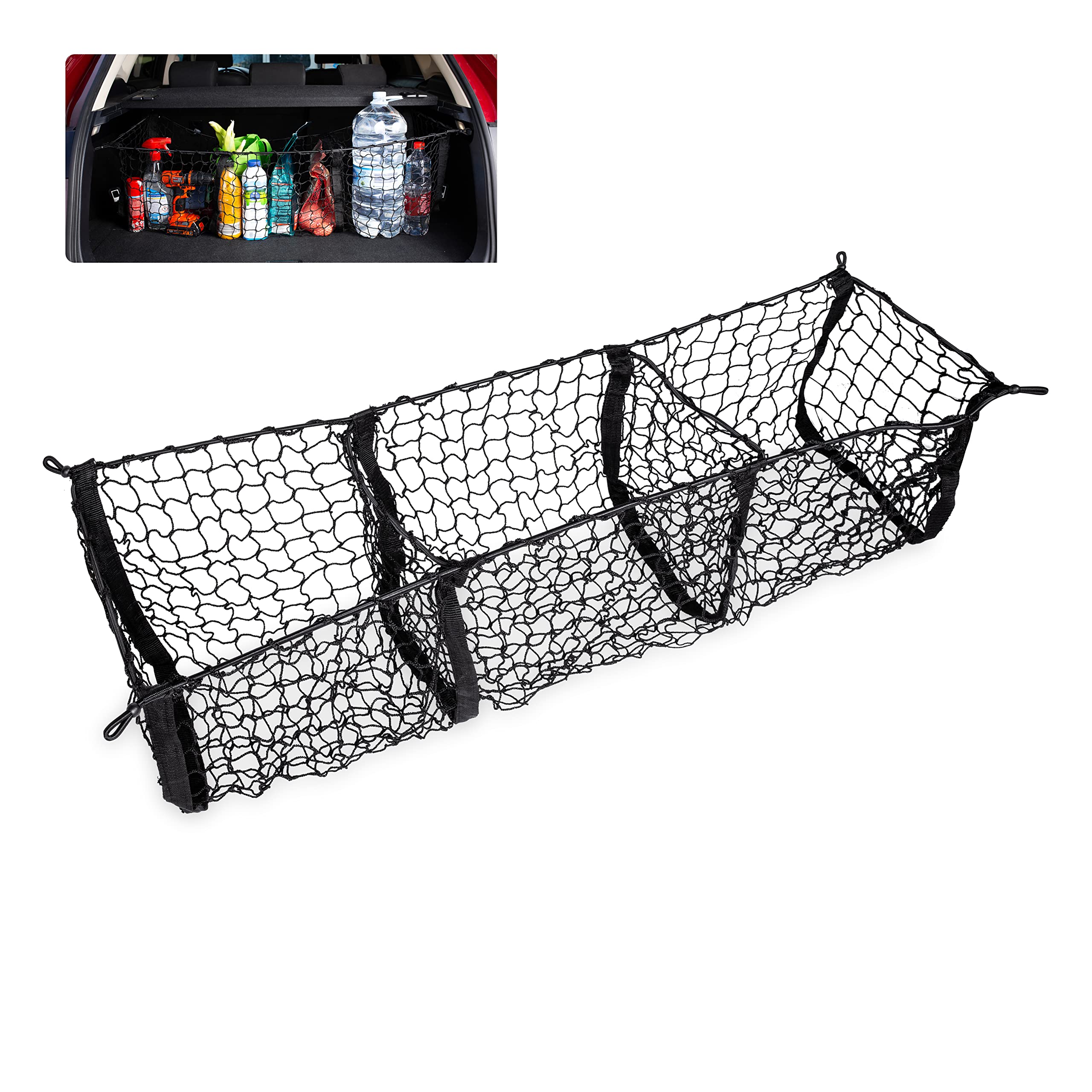 Zento Deals Black Mesh 3-Pocket Trunk Organizer - Car Cargo Storage Net for SUV, Sedan & Travel Accessories | Perfect for Road Trips & Daily Commute