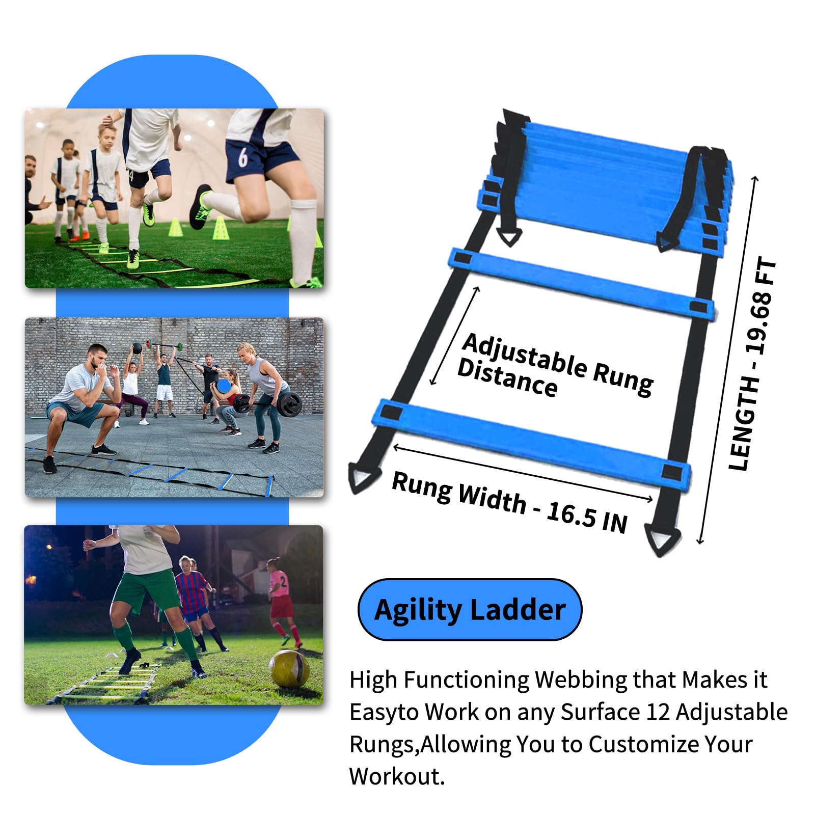 **12-Rung 20Ft Agility Ladder & 12 Disc Cones Soccer Training Set with Jump Rope & Steel Stakes - Speed & Footwork Drills for Soccer, Football, Basketball - Perfect for Home, Gym & Field Practice**