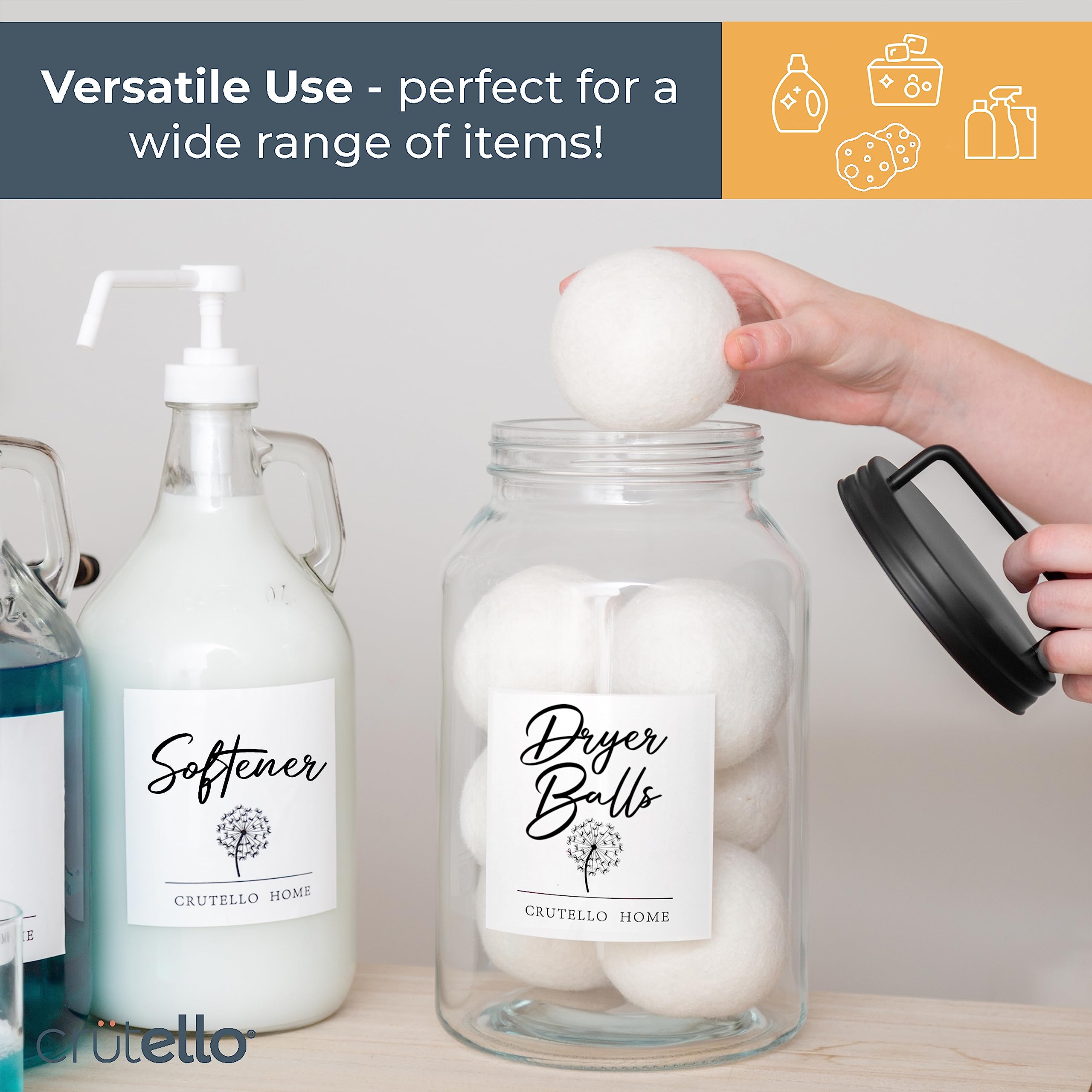 Crutello Large 1-Gallon Glass Canisters Set - 2 Pack with Black Stainless Steel Airtight Lids & Labels - Perfect for Cookie Storage, Laundry Room Organization, Pantry Food Containers & Kitchen Canisters - Ideal for Baking, Meal Prep & Home Decor