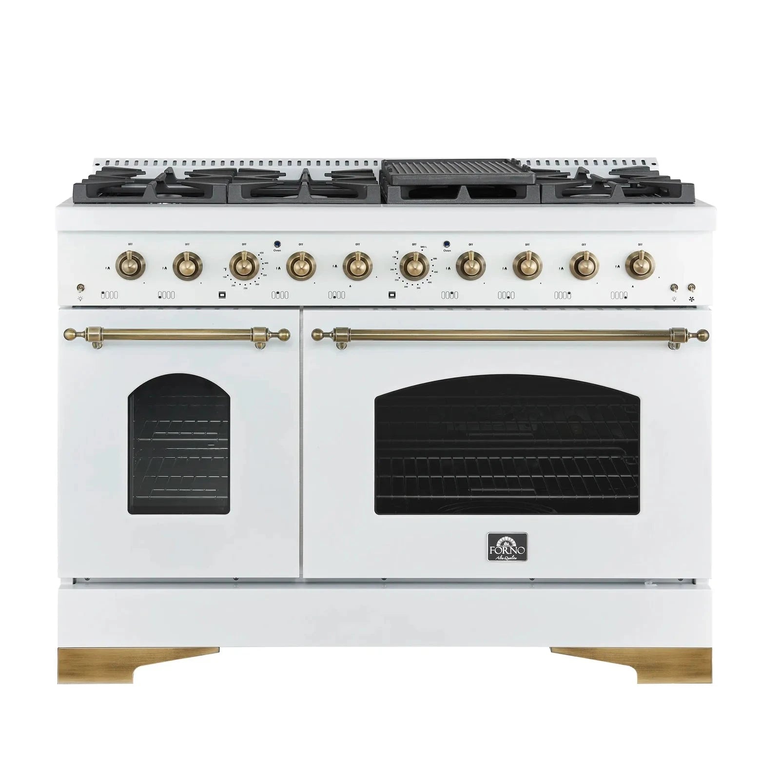 Forno Antico 48-Inch Gas Range with 8 Burner Cooktop & Convection Oven - White Finish with Antique Brass Trim (Model FFSGS6219 48WHT) - Perfect for Professional Kitchens & Large Family Cooking