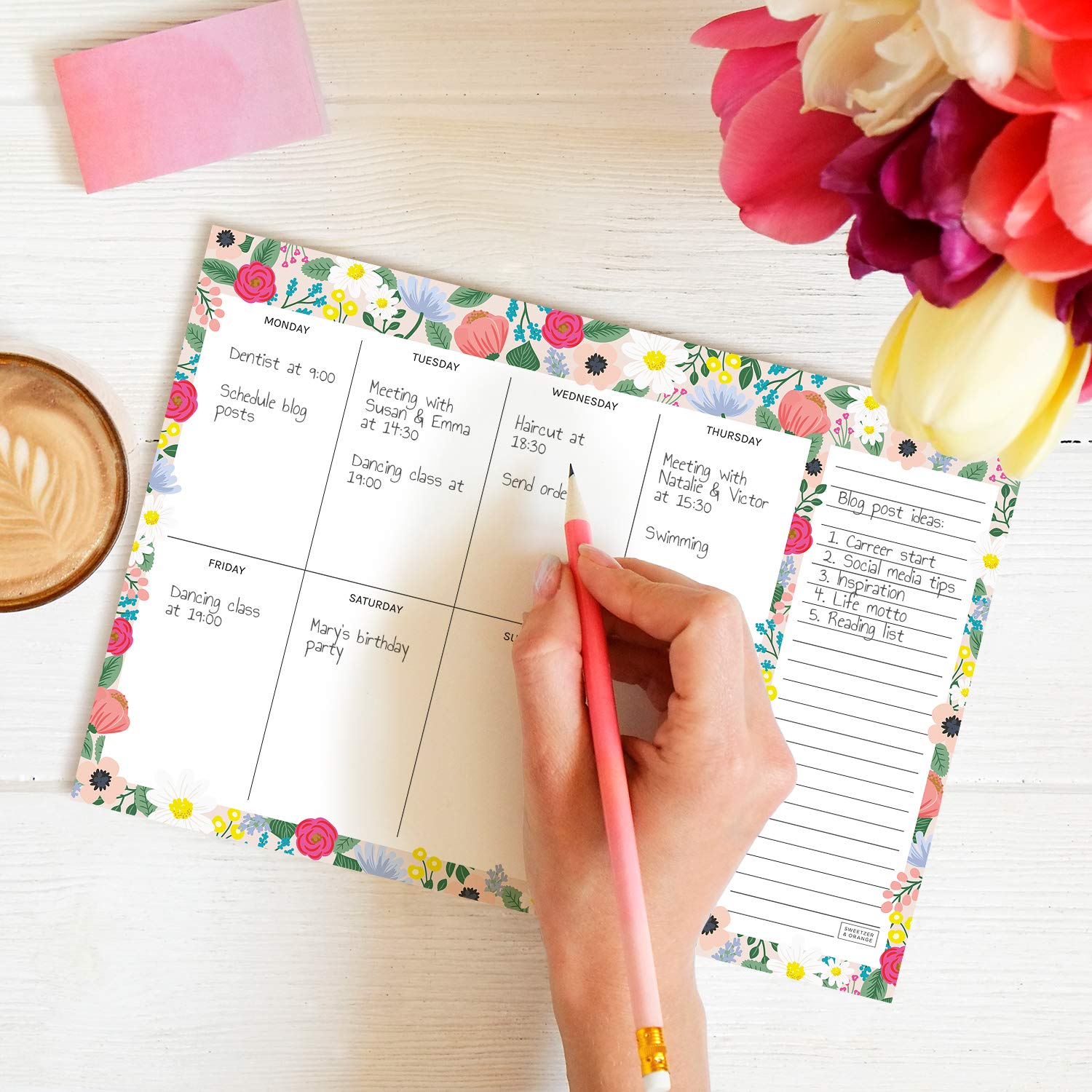 Sweetzer & Orange Floral Weekly Planner 2025 - Undated To-Do List Notepad with Easy-Tear Sheets | 7x10