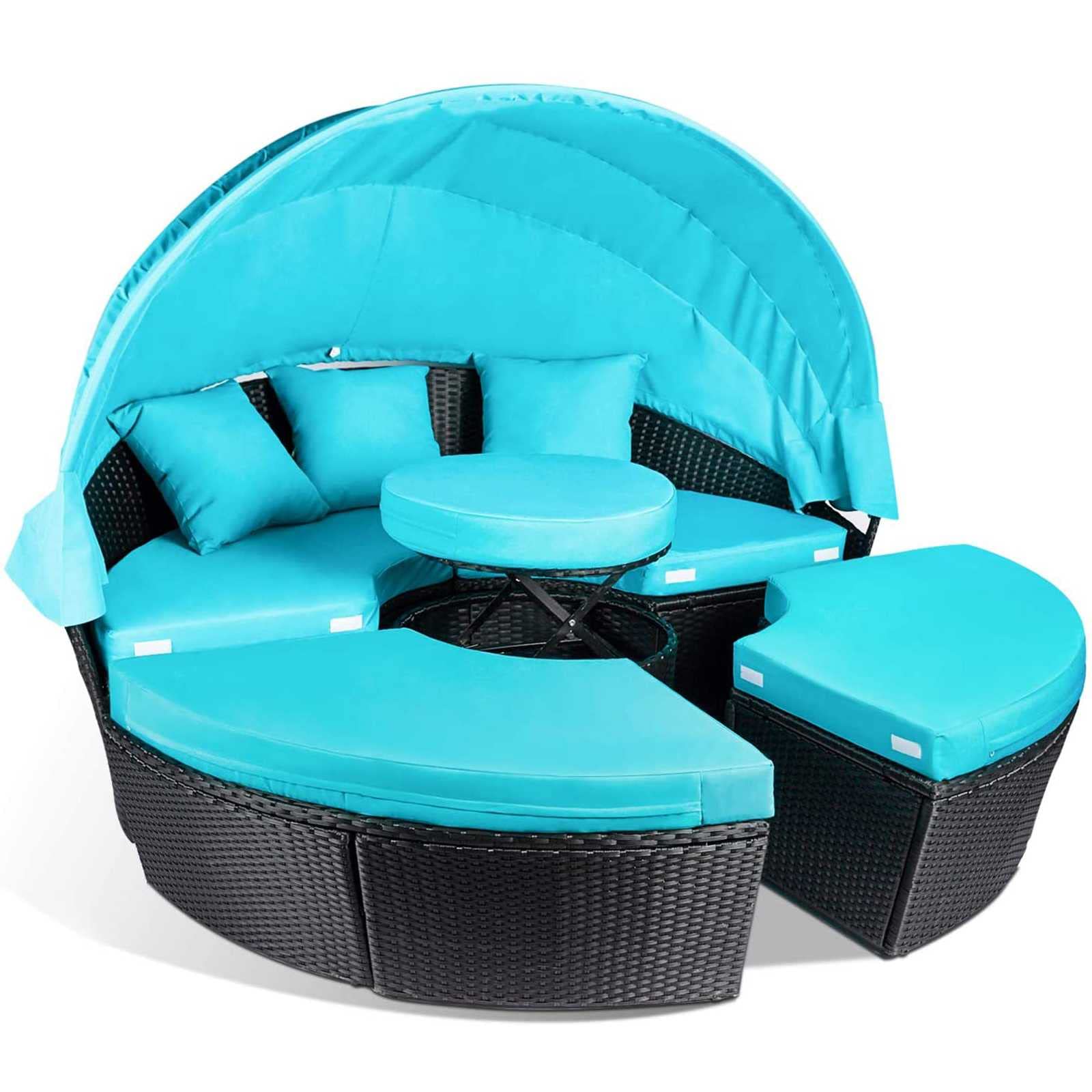 Outdoor Daybed with Retractable Canopy & Soft Cushions - PE Wicker Rattan Round Sectional Sofa Set for Patio, Garden, Backyard, Poolside - Perfect for Sunbathing, Lounging & Outdoor Relaxation